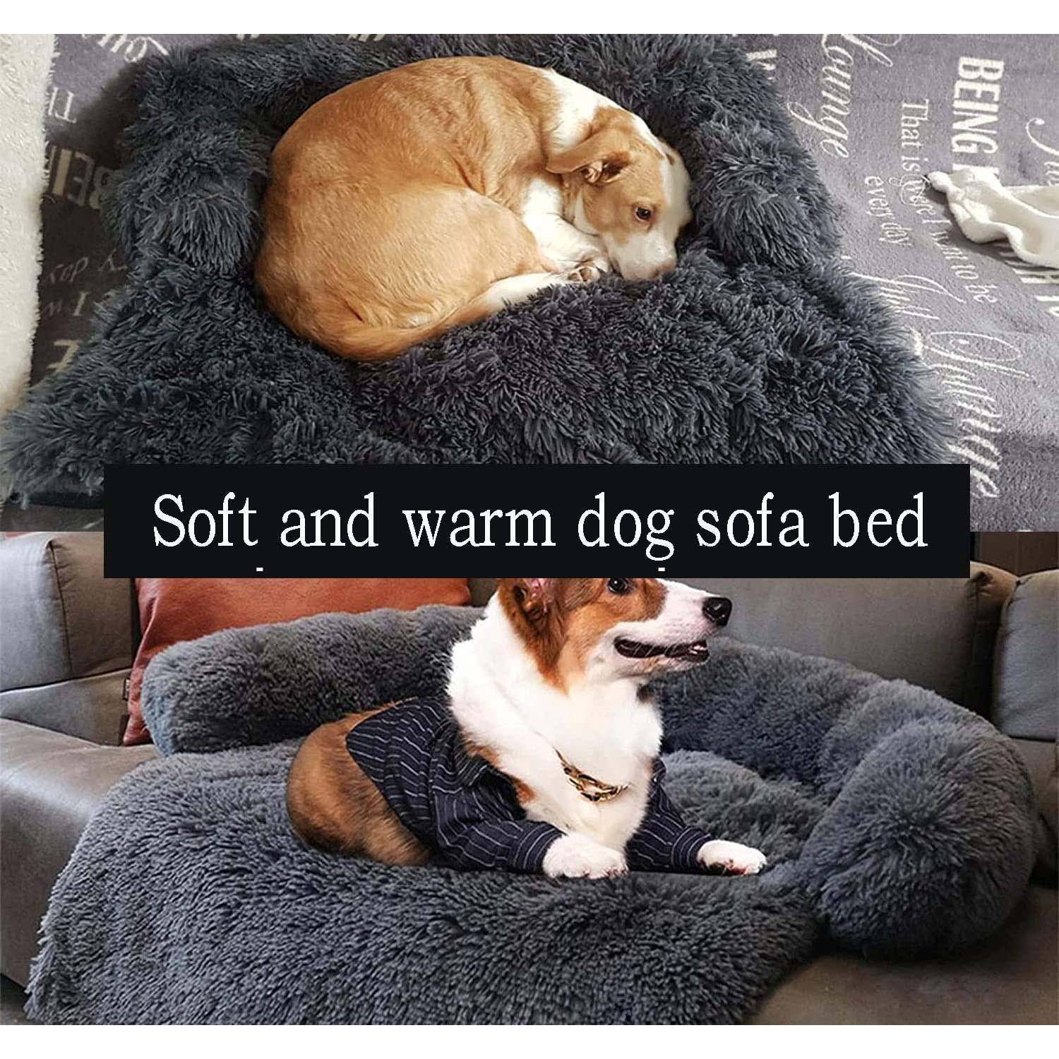 Zwei Hunde, die auf einem weichen, flauschigen dunkelgrauen Sofa-Hundebett faulenzen, mit Text, der liest „Weiches und warmes Hunde-Sofa-Bett