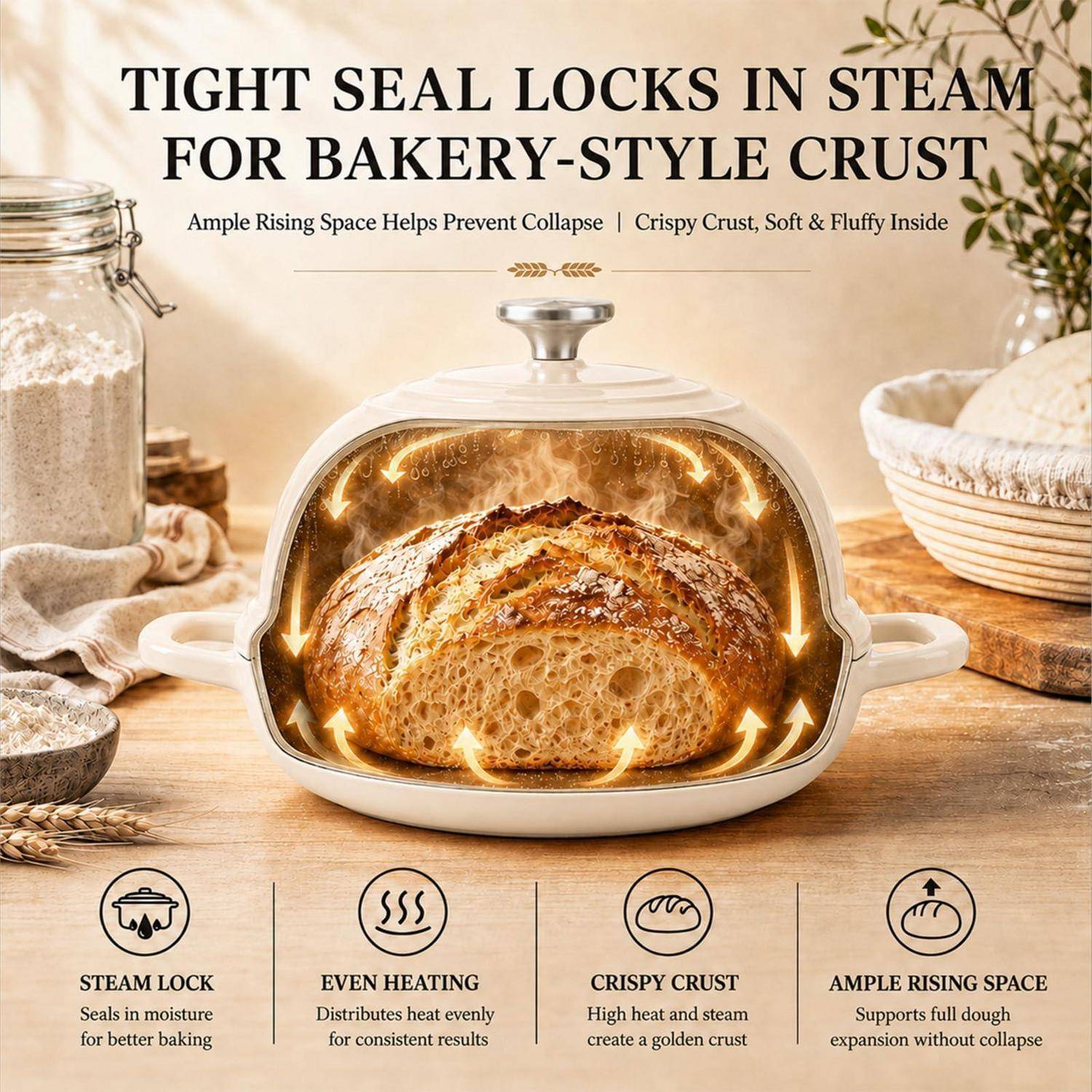 Infografik zum Brotbacken in einem geschlossenen Dampfgarbehälter mit dichtem Verschluss, gleichmäßiger Wärmverteilung, knuspriger Kruste und ausreichend Platz zum Aufgehen für ein Brot im Bäckereistil.