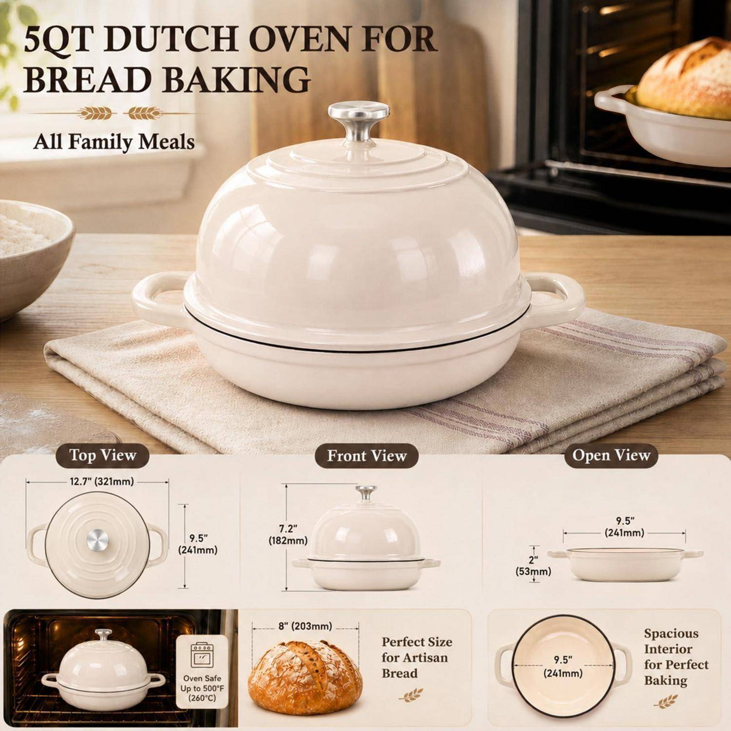 Werbebild eines weißen 5-Liter-Bräters mit der Beschriftung „5QT DUTCH OVEN FOR BREAD BAKING" und „All Family Meals"", mit Draufsicht, Frontansicht und offener Ansicht sowie Größenmessungen.