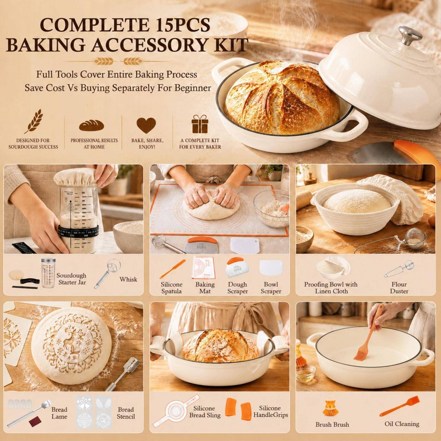 Werbeplaket für ein „Komplettes 15-teiliges Backzubehör-Set" mit einem Sauerteigbrot-Backset, mit gekennzeichneten Werkzeugen wie Startertopf, Schneebesen, Matte, Schaber, Gärschüssel, Brotkratzer und Pinsel.