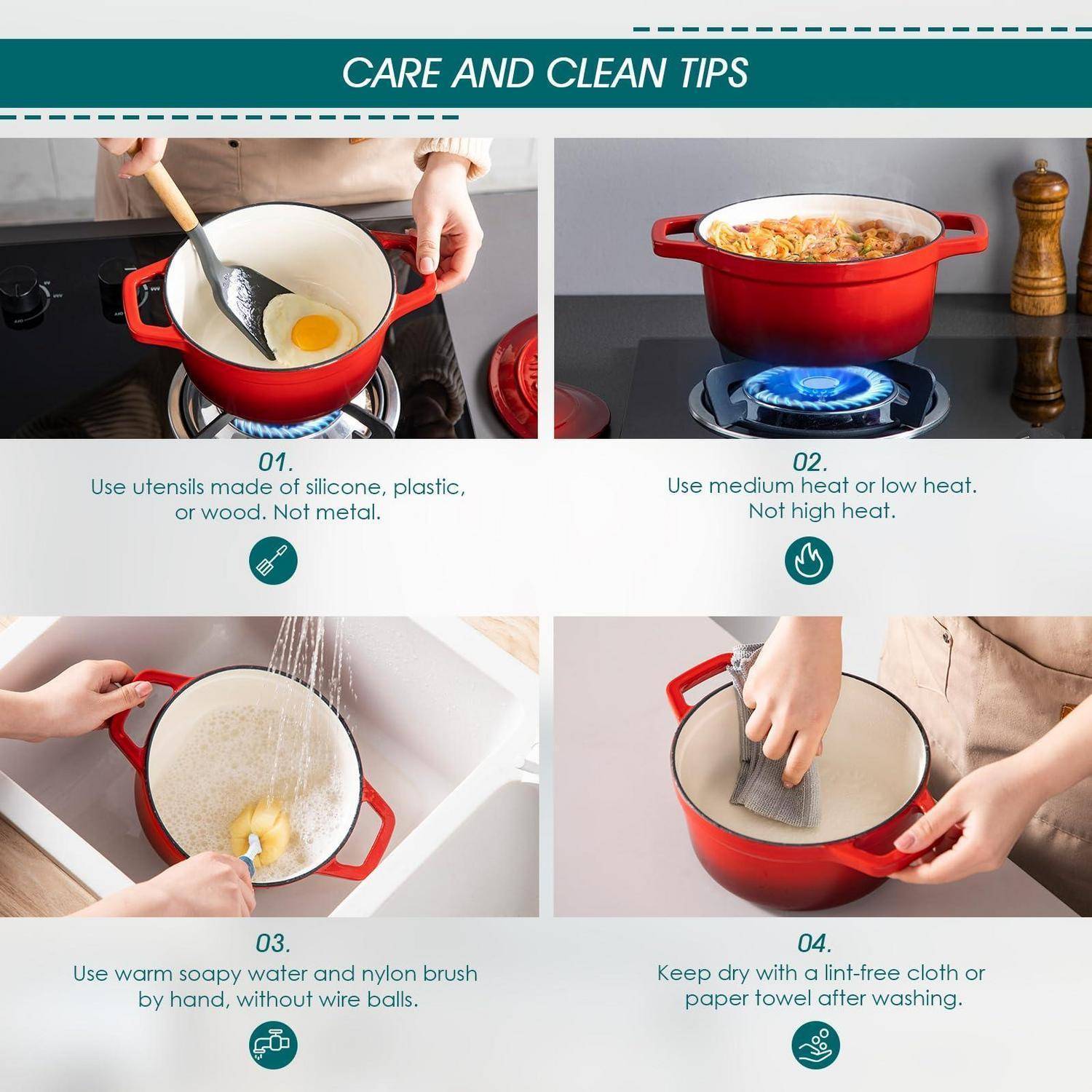 Infografik mit dem Titel „PFLEGE- UND REINIGUNGSTIPPS" mit vier Schritten für einen roten Topf: Verwenden Sie Silikon-/Kunststoff-/Holzutensilien, kochen Sie bei mittlerer oder niedriger Hitze, waschen Sie mit warmem Seifenwasser und einer Nylonbürste, und trocknen Sie mit einem fusselfreien Tuch oder Papiertuch.