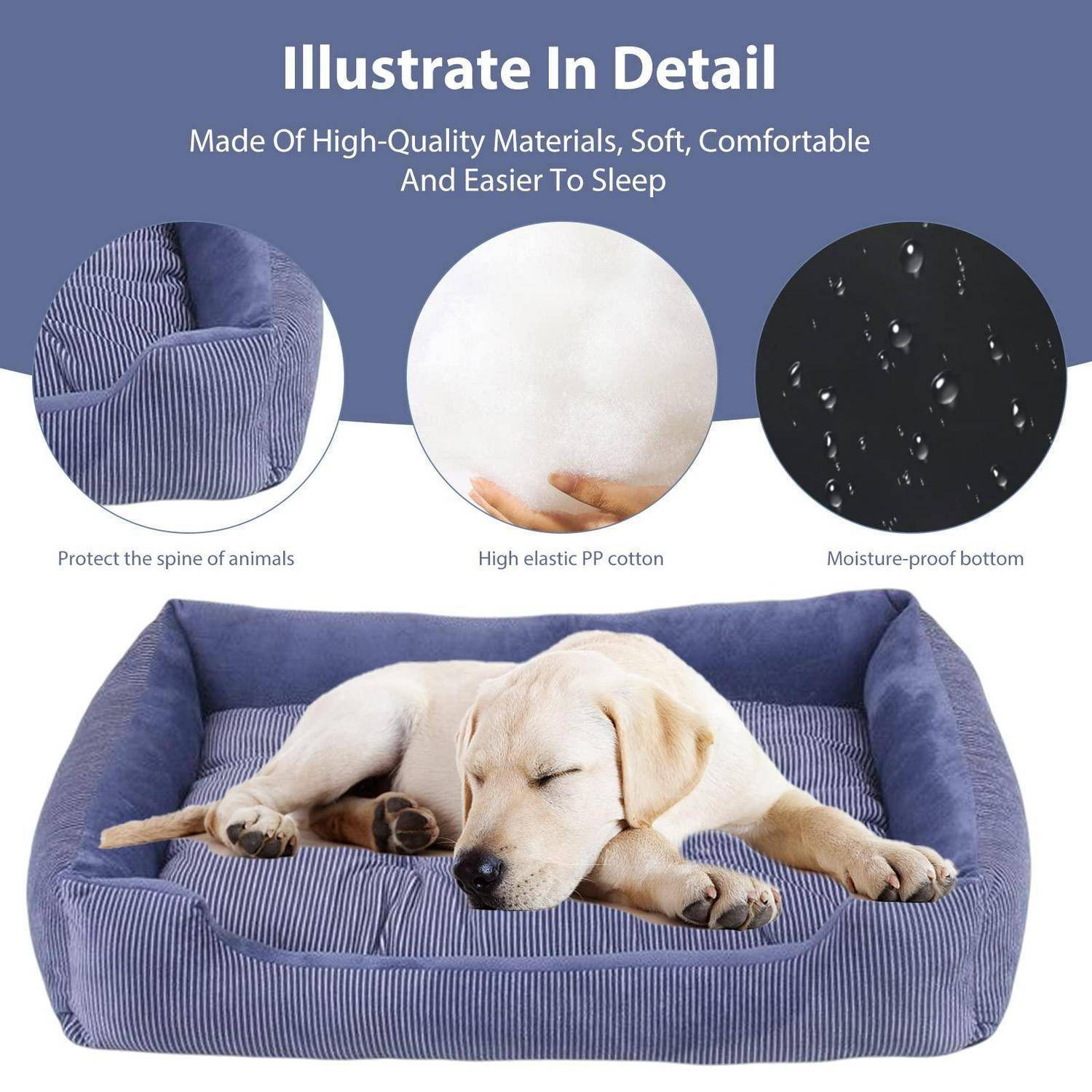Produktinfografik eines blauen Haustierbetts mit schlafendem Hund, das hochwertige weiche Materialien, hochelastische PP-Baumwolle, feuchtigkeitsabweisenden Boden und Wirbelsäulenstütze hervorhebt.