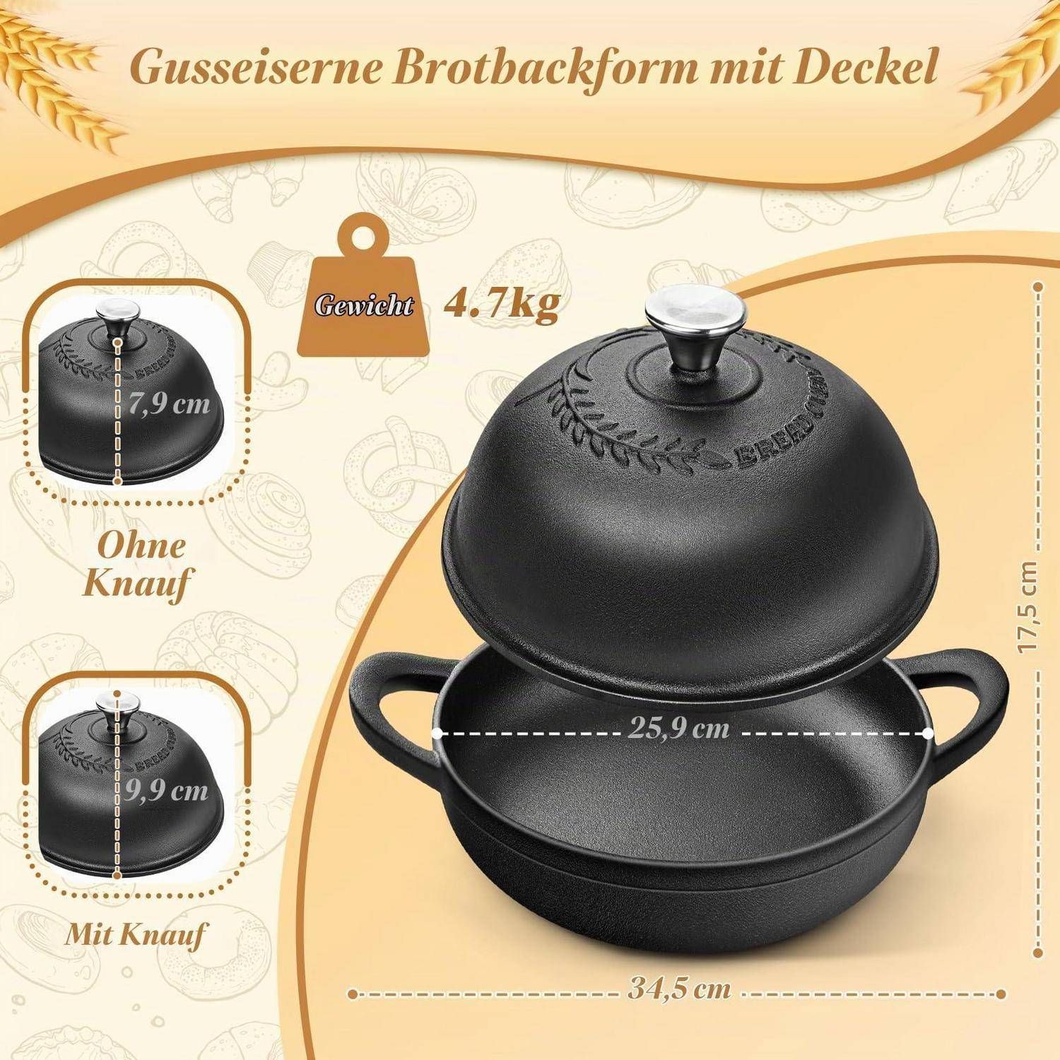 Produktgrafik einer schwarzen Gusseisen-Brotbackform mit Deckel, die Abmessungen von 34,5 cm Breite, 17,5 cm Höhe, 25,9 cm innere Breite, 4,7 kg Gewicht und zwei Deckelgriffoptionen mit den Bezeichnungen "Ohne Knauf"" und ""Mit Knauf"" zeigt.