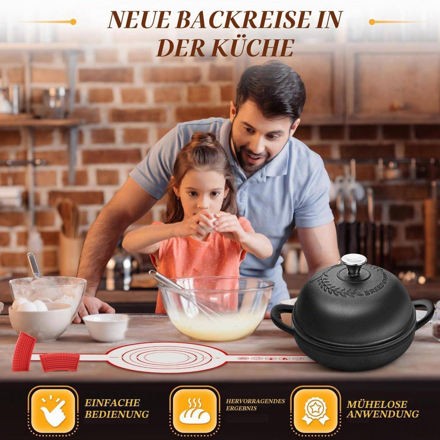 Vater hilft Tochter beim Backen in einer Küche; die Schlagzeile lautet „NEUE BACKREISE IN DER KÜCHE" und hebt einfache Handhabung, großartige Ergebnisse und mühelose Anwendung hervor.