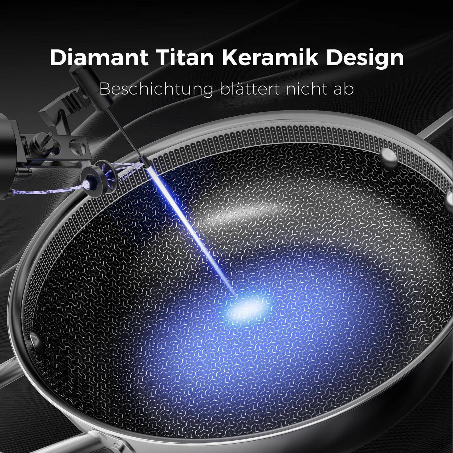 Werbebild einer Antihaft-Bratpfanne mit "Diamant Titan Keramik Design"" und ""Beschichtung blättert nicht ab"", das einen Lasertest auf der beschichteten Oberfläche zeigt.