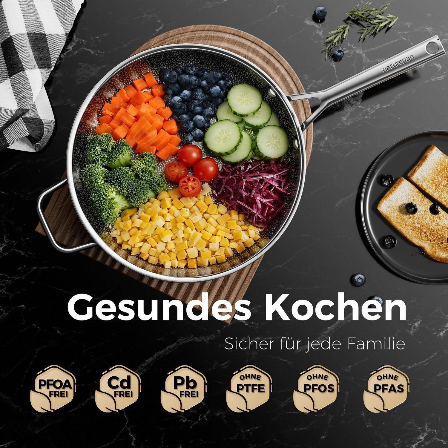 Wokpfanne 28cm mit Deckel, DiamondTitan-Hybrid Keramikbeschichtung, Induktion