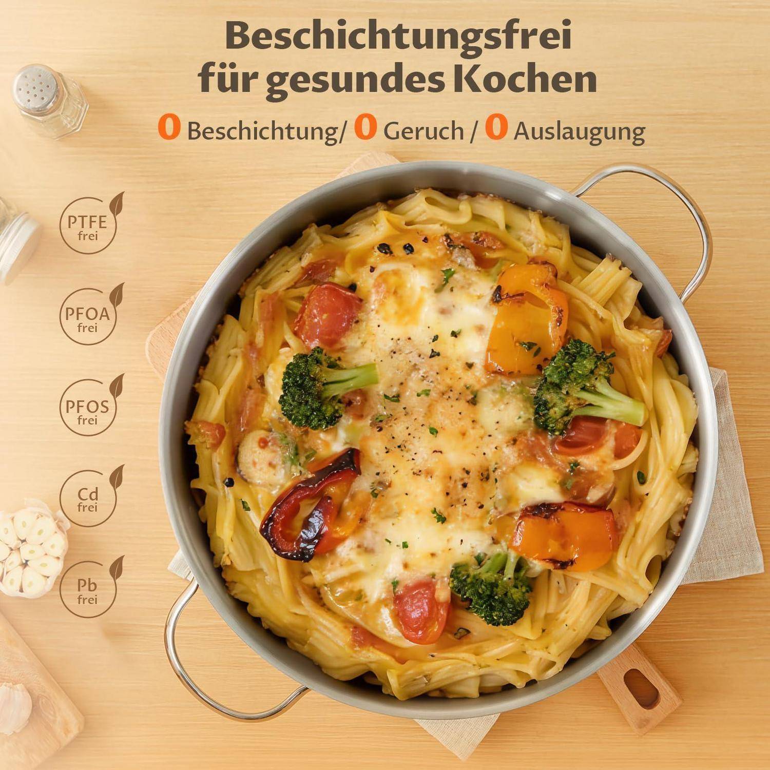 Draufsicht auf einen Topf mit gebackener Pasta mit Gemüse und geschmolzenem Käse, der eine beschichtungsfreie, geruchsfreie, rauchfreie Pfanne bewirbt; behauptet PTFE-, PFOA-, PFOS-, Cd- und Pb-frei.
