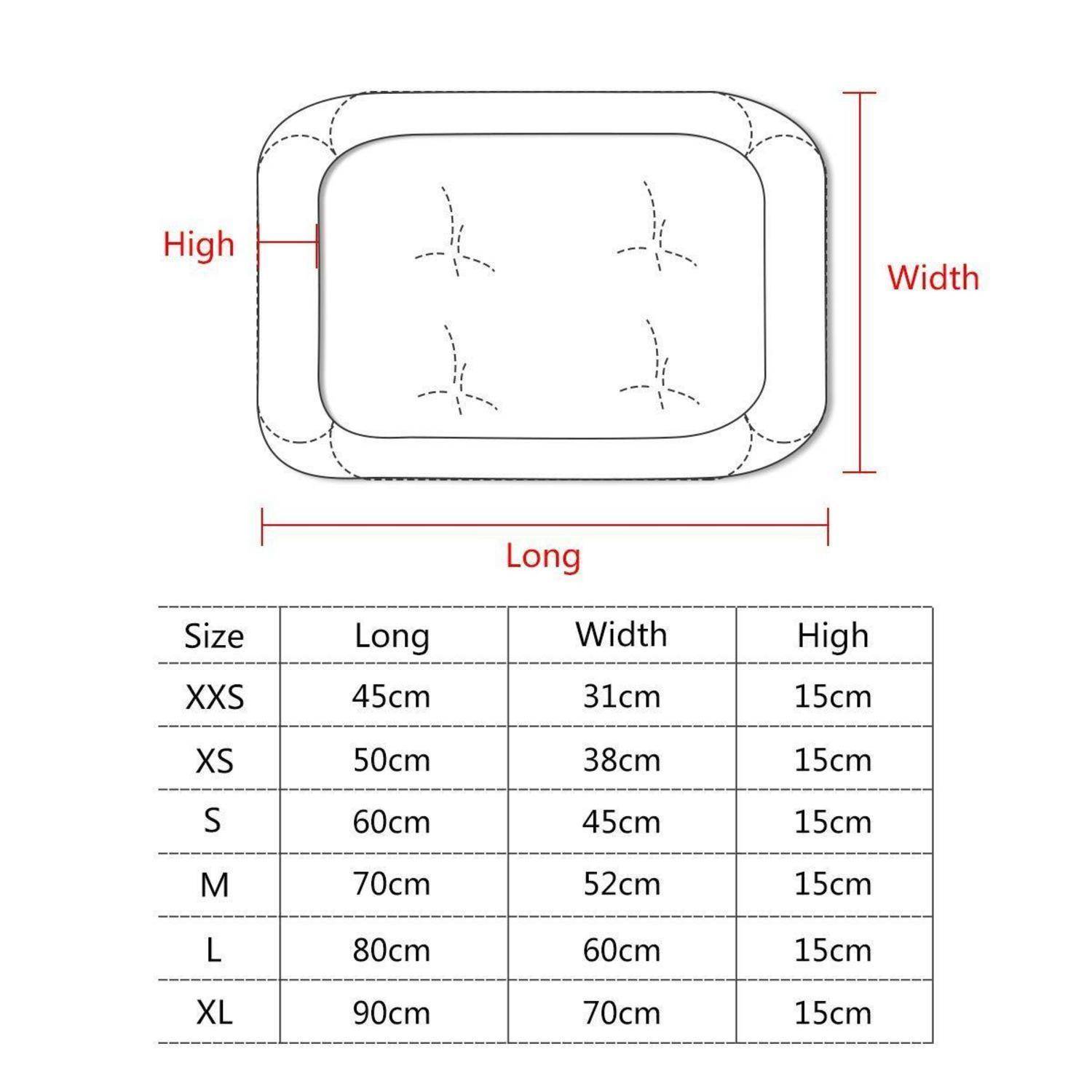 Diagramm einer Größentabelle für Haustierbetten mit Längen-, Breiten- und Höhenmessungen, mit einer Tabelle der Größen XXS bis XL von 45 cm bis 90 cm Länge und 31 cm bis 70 cm Breite, alle 15 cm Höhe.