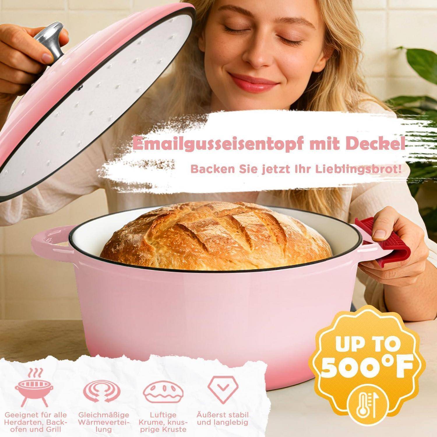 Frau, die einen rosa emaillierten Gusseisernen Topf mit Deckel und frisches Brot darin zeigt; der Anzeigentext sagt "Emailgusseisentopf mit Deckel"" und ""Backen Sie jetzt Ihr Lieblingsbrot!"