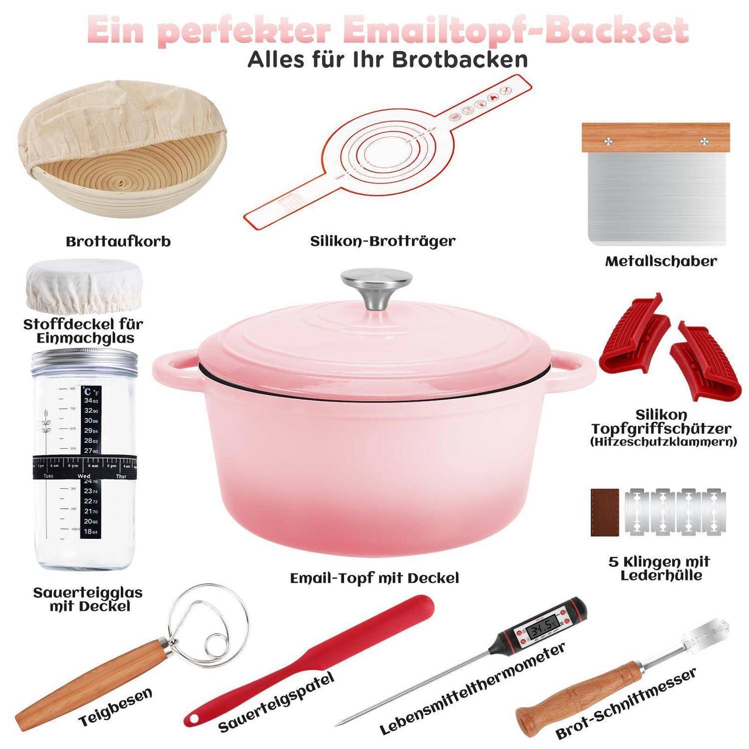 Deutsches Infografik eines Backsetsets mit einem rosa Emailleschaff mit Deckel in der Mitte, umgeben von enthaltenen Werkzeugen und Zubehör: Brotkorb, Silikonblech, Metallschaber, Deckelabdeckung, Thermometer, Teigspoon, Spatel, Sicherheitsklemmen, Messerset und Brotmesser.