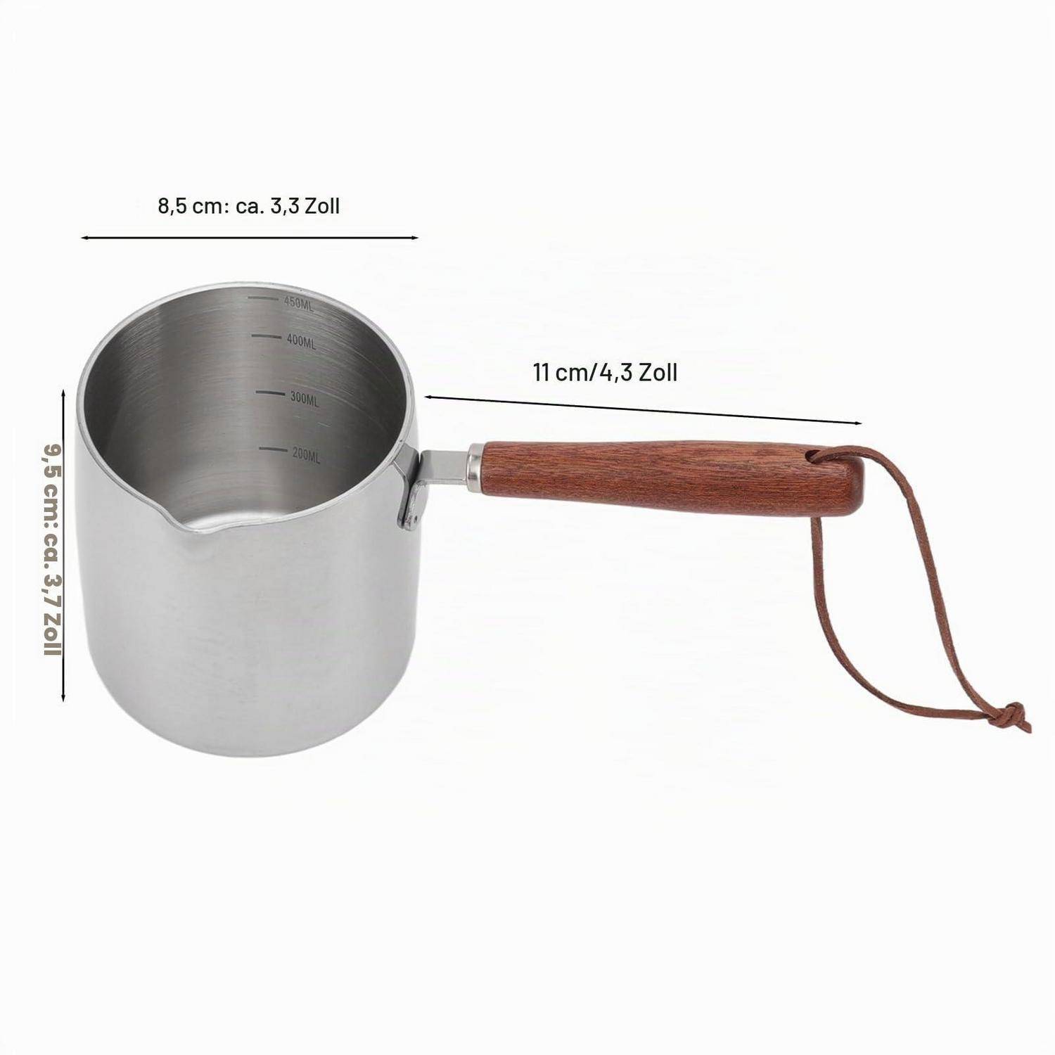Messbecher aus Edelstahl mit Holzgriff und Handschlaufe, gezeigt mit Abmessungen von 8,5 cm Breite, 9,5 cm Höhe und 11 cm Grifflänge.