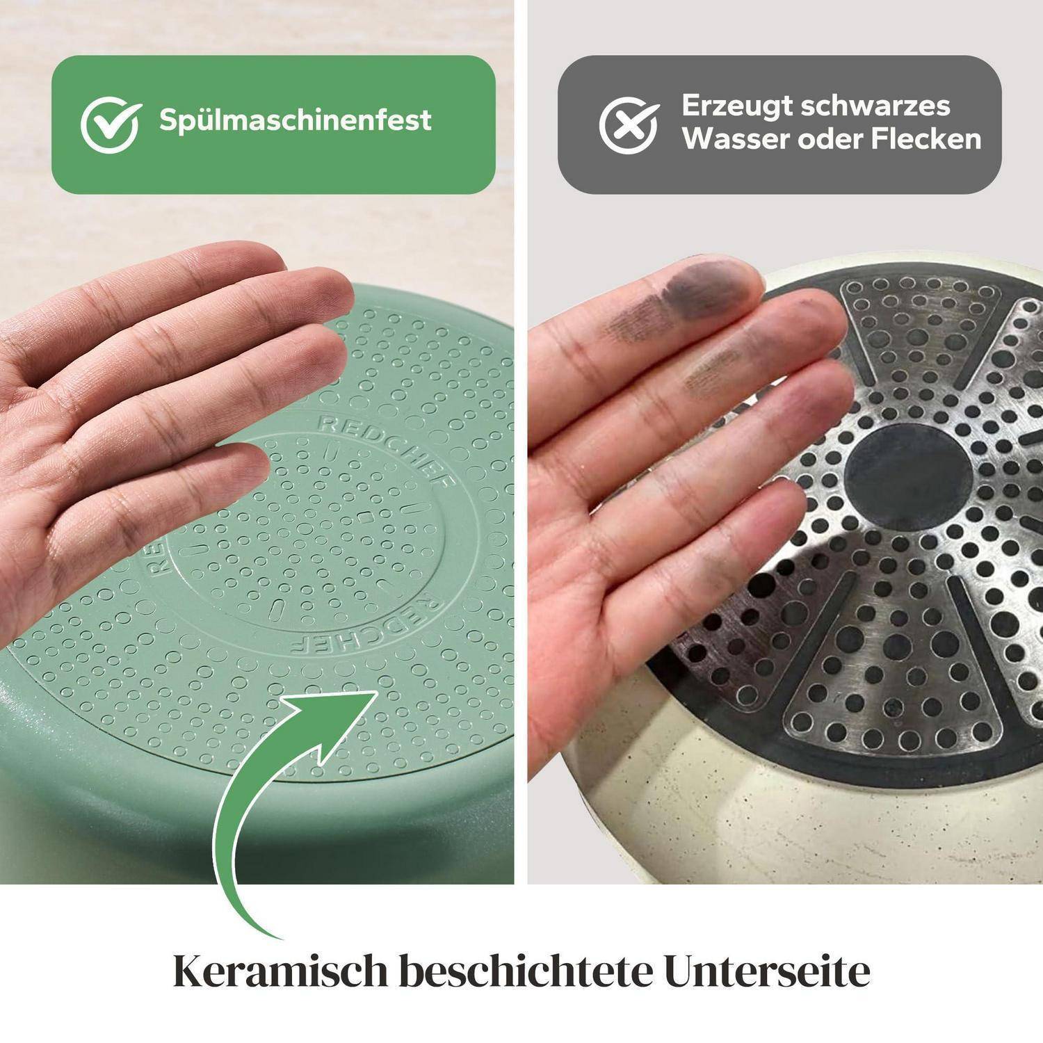 Vergleichsgrafik der Unterseite einer keramikbeschichteten Pfanne: links heißt es spülmaschinenfest, rechts warnt davor, dass es schwarzes Wasser oder Flecken erzeugt.