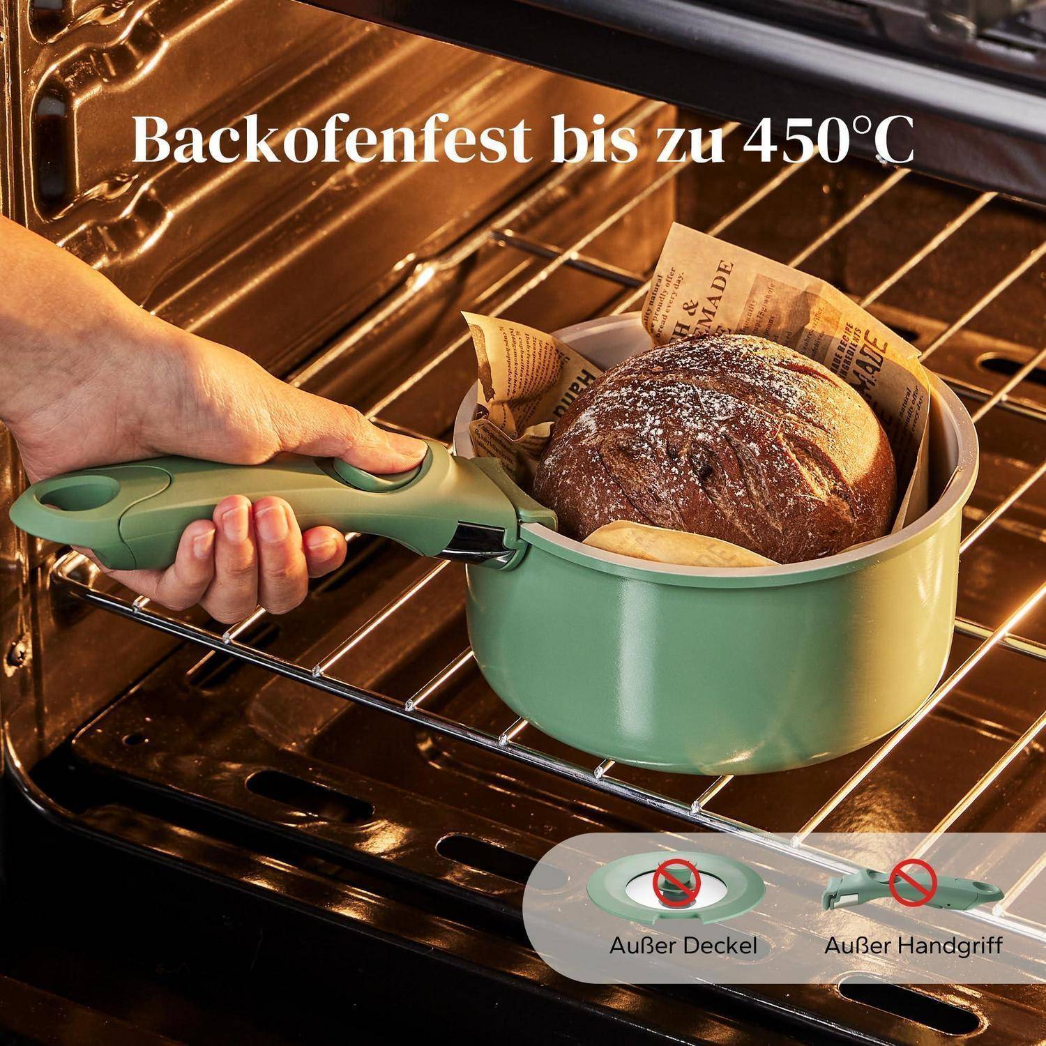 Hand placing a loaf pan in an oven; German text says 'ovenproof bis 450°C' and shows exclusions: 'außer Deckel' and 'außer Griff'.