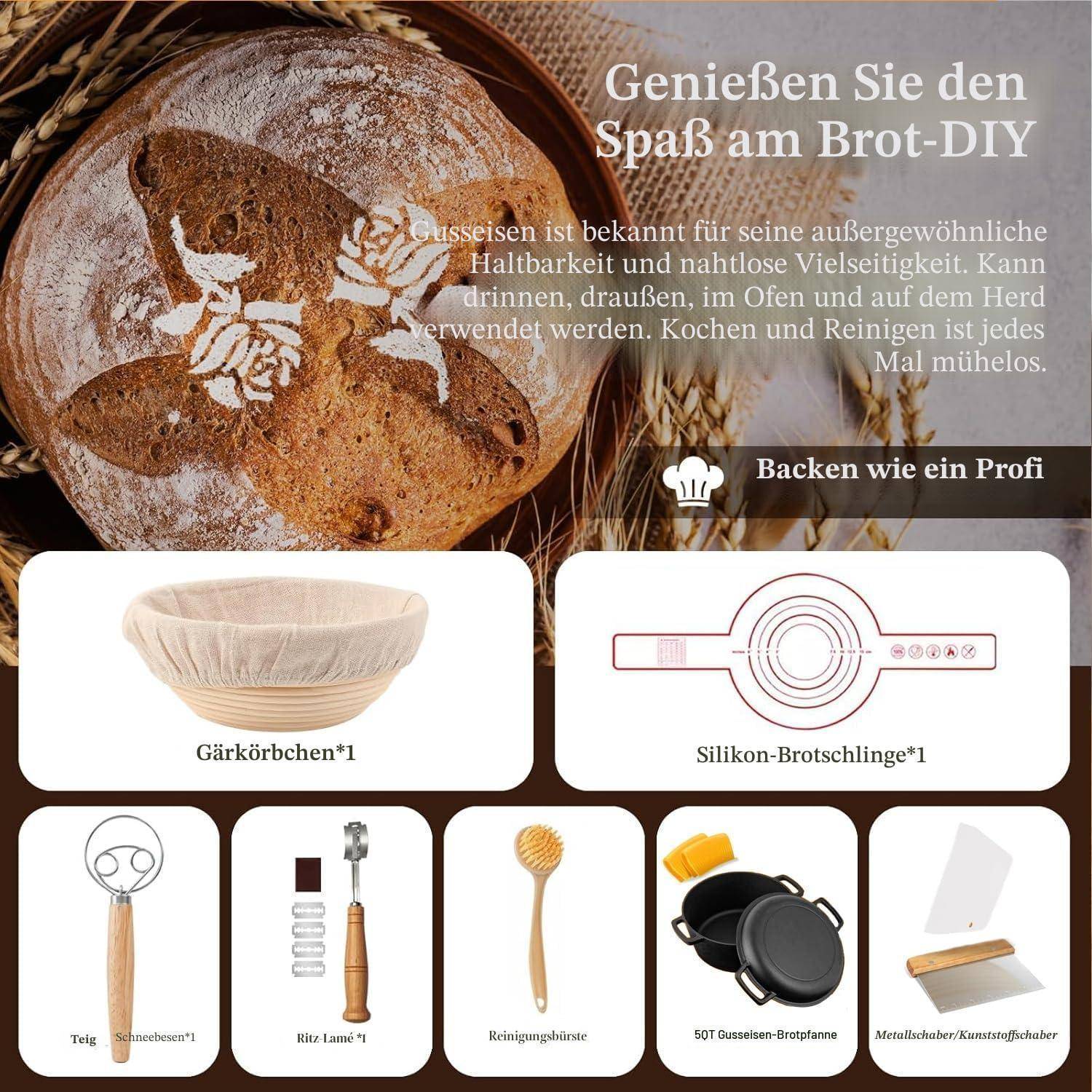 Werbebild für Brotbackwerkzeuge mit einem rustikalen Laib und Text über die Langlebigkeit von Gusseisen; zeigt Gärkörbchen, Silikon-Schlinge, Teigschaufel, Reislamé, Reinigungsbürste, Brotbackform und Schaber.