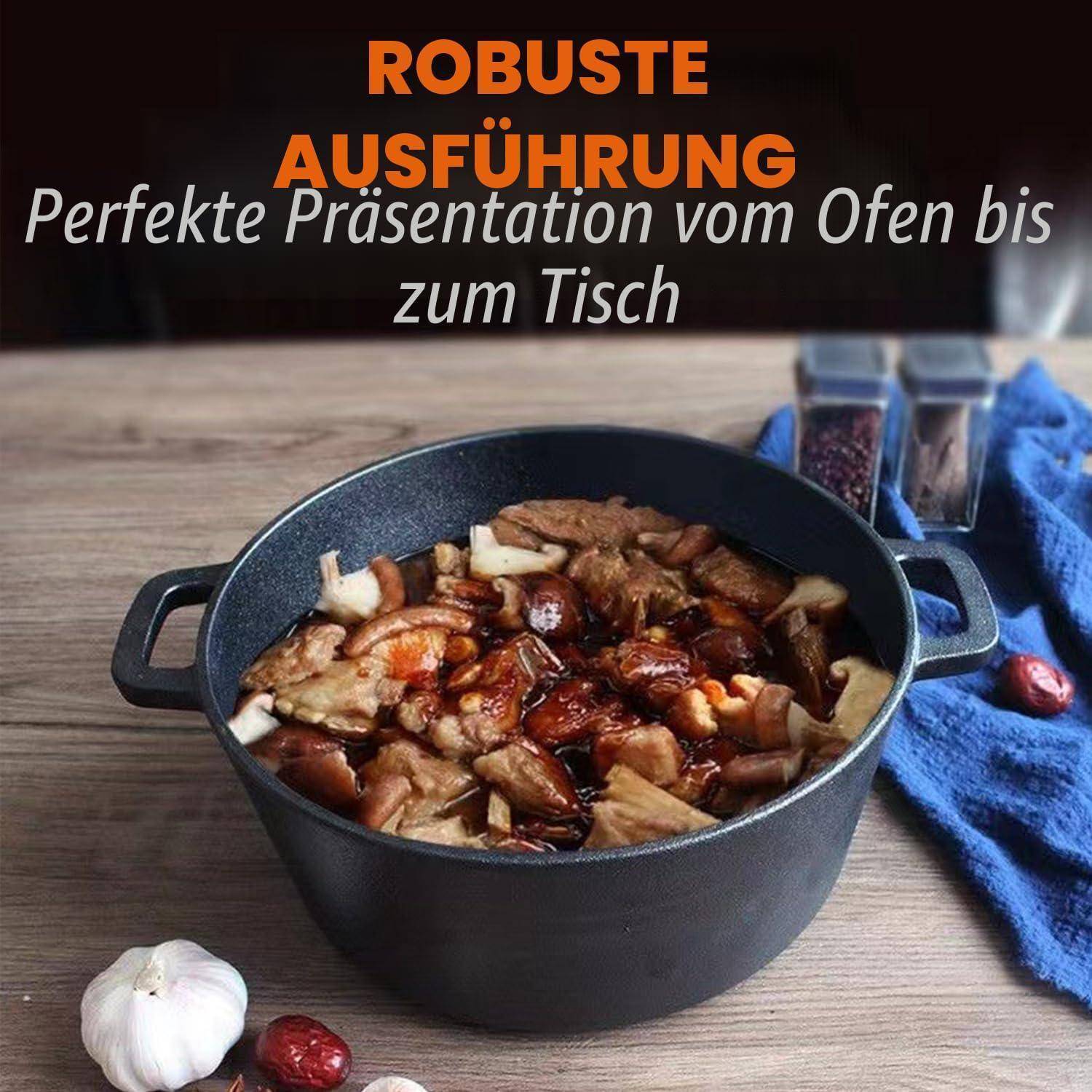 Schwarzer Topf gefüllt mit Fleischeintopf auf einem Holztisch, mit Knoblauch und Gewürzen in der Nähe; überlagert mit deutschem Text, der „ROBUSTE AUSFÜHRUNG" und „Perfekte Präsentation vom Ofen bis zum Tisch"" sagt.