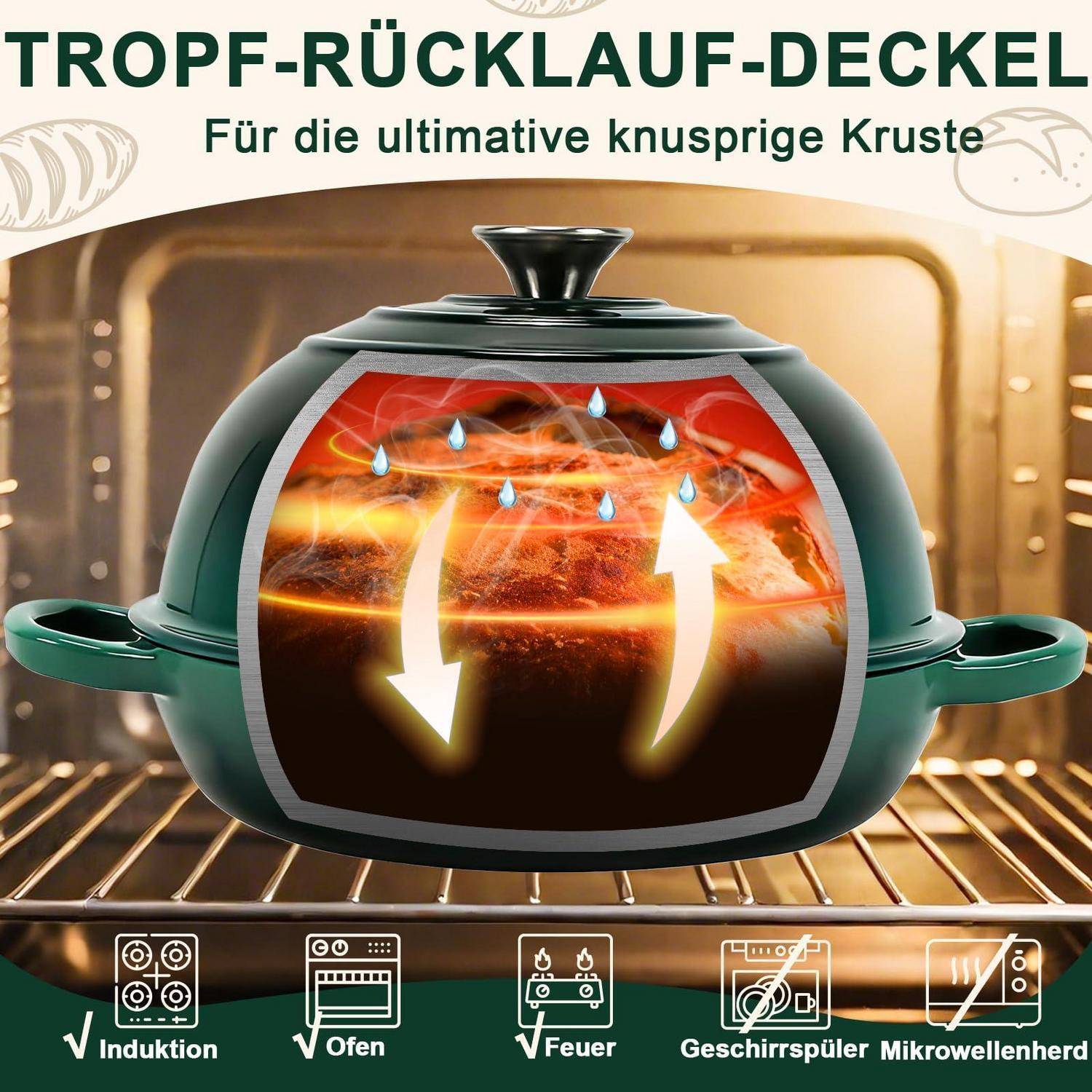 # Grüner Topfdeckel mit Aufschrift 'TROPF-RÜCKLAUF-DECKEL' in einem Ofen, mit deutschem Text 'Für die ultimative knusprige Kruste' und Symbolen, die zeigen, dass er auf Induktion, im Ofen, auf dem Herd, in der Spülmaschine und in der Mikrowelle funktioniert.