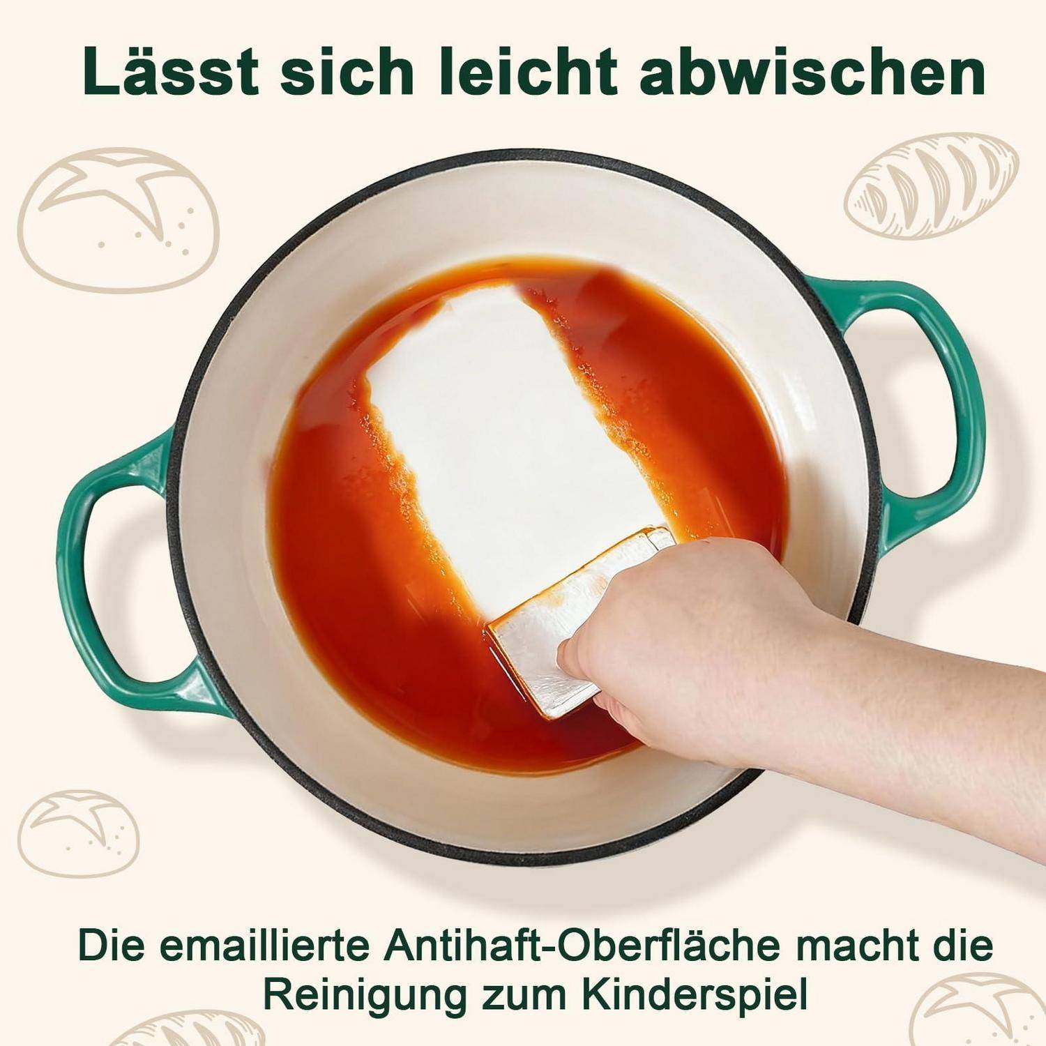 Hand wischt einen Topf sauber, wobei eine leicht zu reinigende antihaftbeschichtete Emailleoberfläche sichtbar wird; Deutscher Text besagt, dass es sich leicht abwischen lässt und die Reinigung ein Kinderspiel ist.