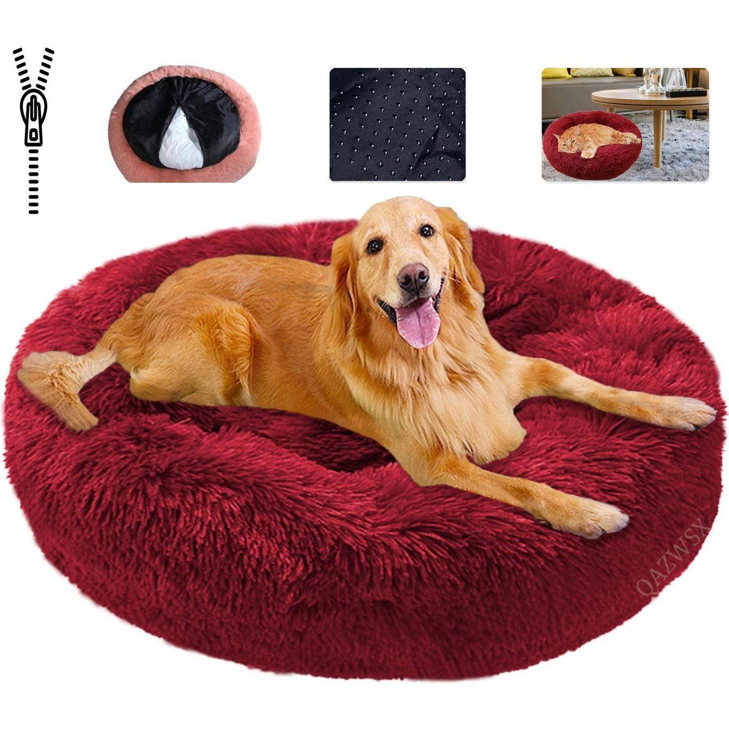 GoldenRetriever liegt auf einem runden burgunderfarbenen Plüsch-Hundebett, mit eingefügten Nahaufnahmen, die einen Reißverschluss-Bezug und die Stofftextur zeigen.