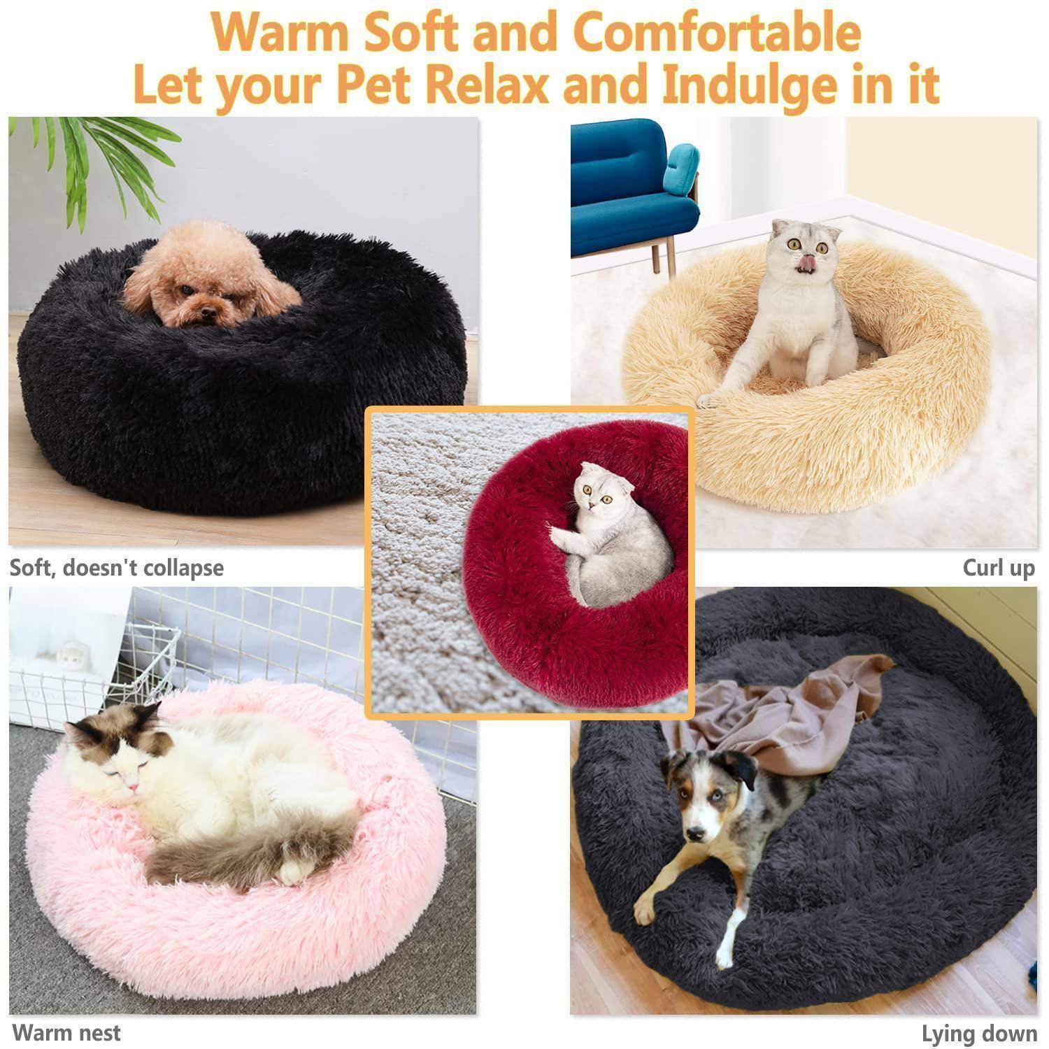 Collage-Werbung für flauschige Haustierbetten mit Katzen und Hunden, die in runden Nestern ruhen; der Text lautet „Warm, weich und gemütlich – Lassen Sie Ihr Haustier entspannen und genießen" und Labels wie „Weich, kollabiert nicht"" und „Zusammenrollen"