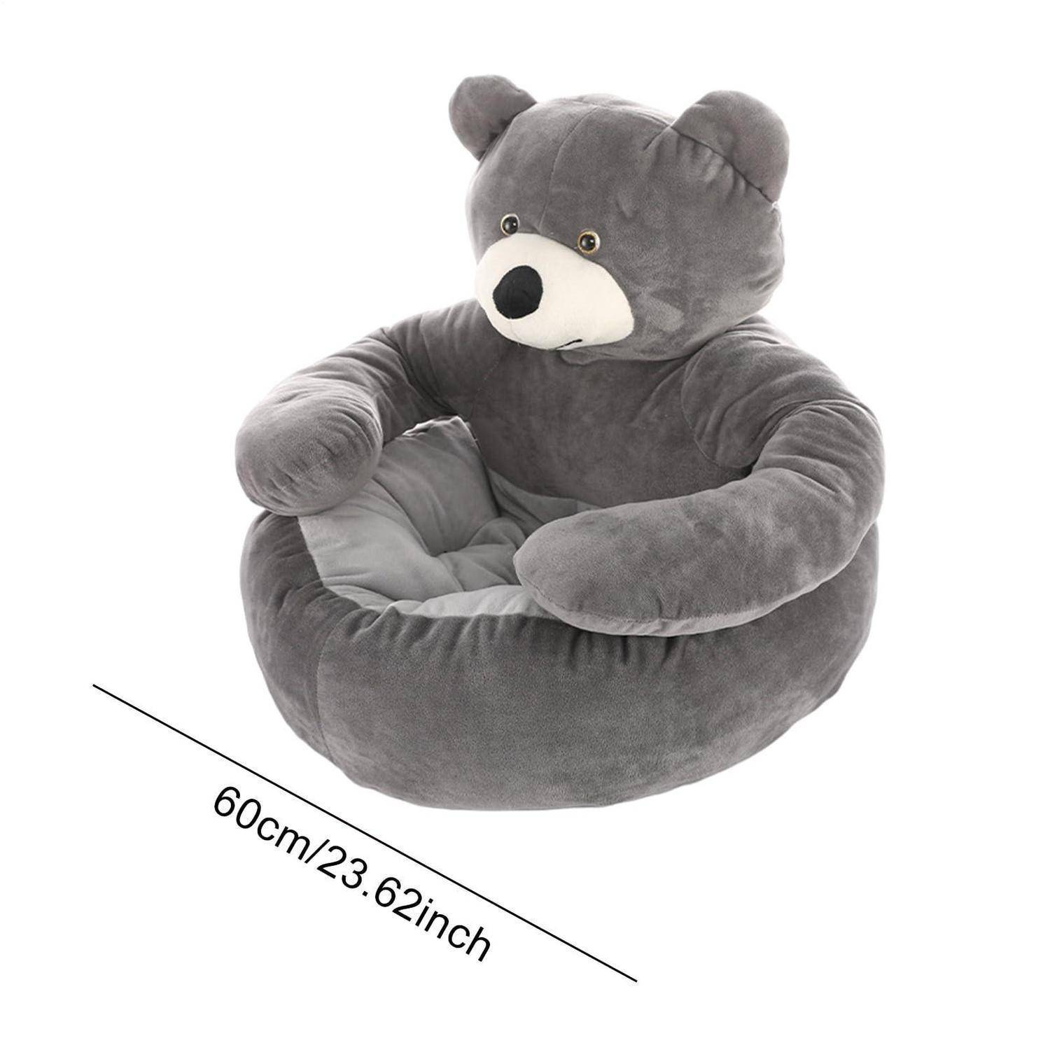 Graues Plüsch-Haustierbett in Teddybär-Form mit erhöhten Seitenwänden und weichem Kissen, gezeigt mit einer Größenmessung von 60 cm/23,62 Zoll.
