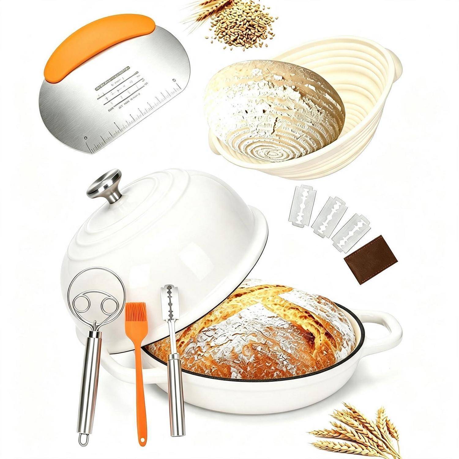 Ein backthemabild mit einer abgedeckten auflaufform mit brot, einem gemüsehobel, schneebesen, pinsel, rasierkinge, schokoladenstück und getreide, das küchenwerkzeuge und zutaten zum kochen oder backen suggeriert.