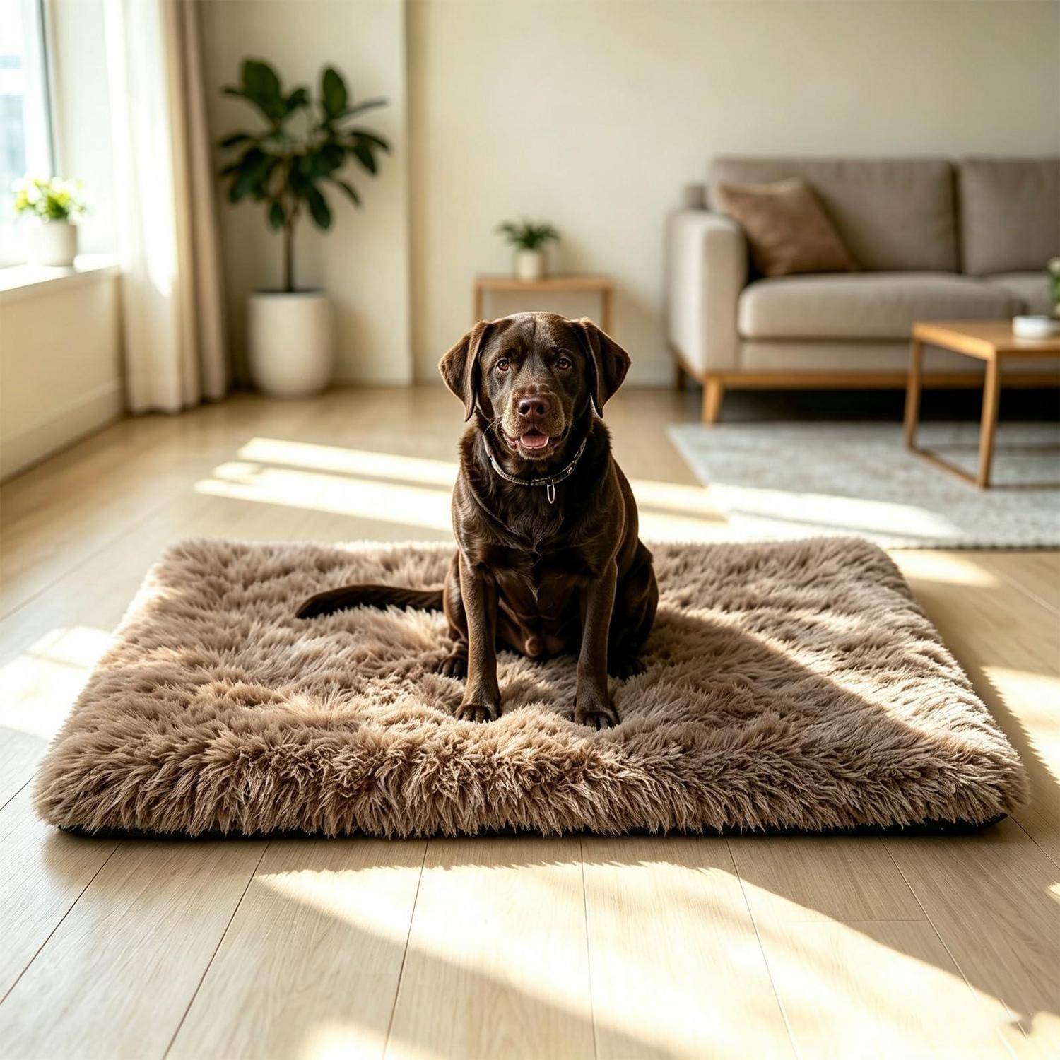 Schokoladen-Labrador sitzt auf einem zottigen beigen Teppich in einem hellen Wohnzimmer mit Sofa, Pflanzen und Sonnenlicht aus einem Fenster.