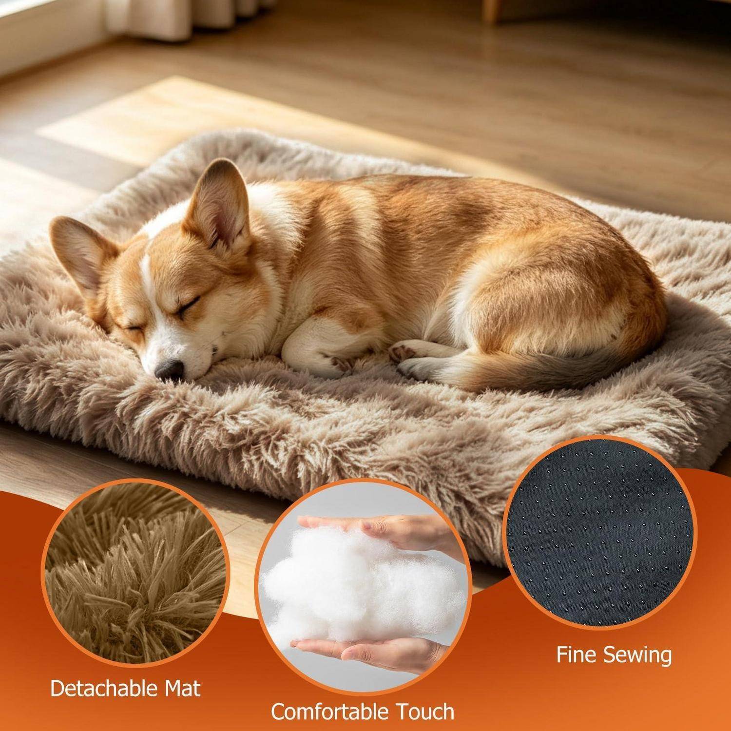 Schlafender Corgi auf einem plüschigen Hundebett; Einschubsymbole zeigen eine abnehmbare Matte, weiches Tragegefühl und feine Nähte.
