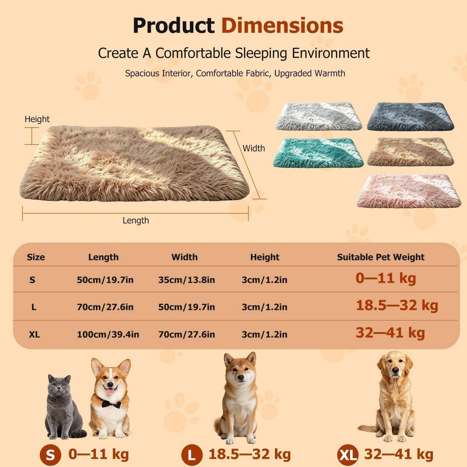 Produktdimensionstabelle für ein Haustierbett mit Länge, Breite und Höhe nach Größe S, L und XL mit geeigneten Haustiergewichtsbereichen 0–11 kg, 18,5–32 kg und 32–41 kg.