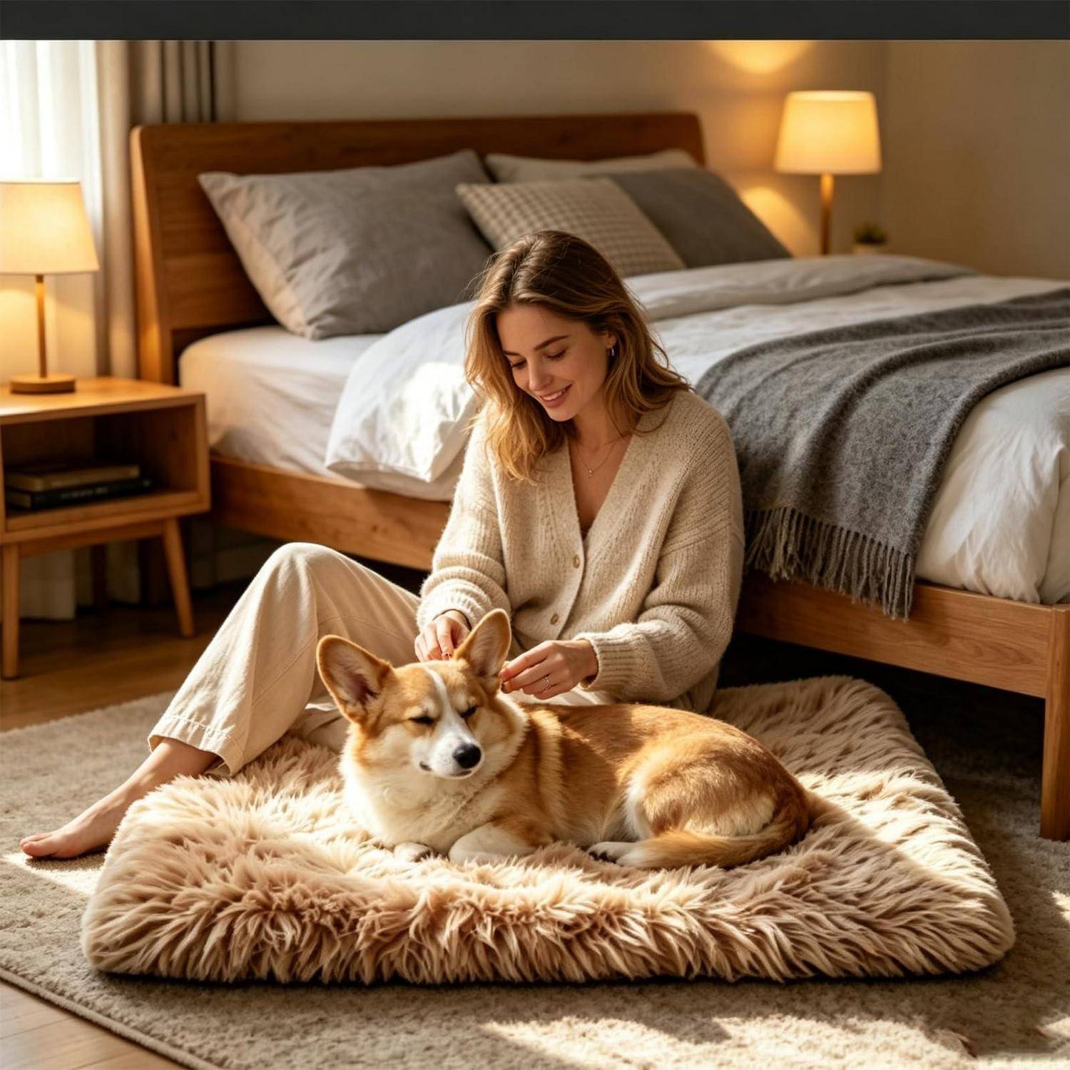 Eine Frau sitzt auf einem flauschigen Teppich in einem Schlafzimmer und streichelt sanft einen Corgi, der vor ihr neben dem Bett liegt.