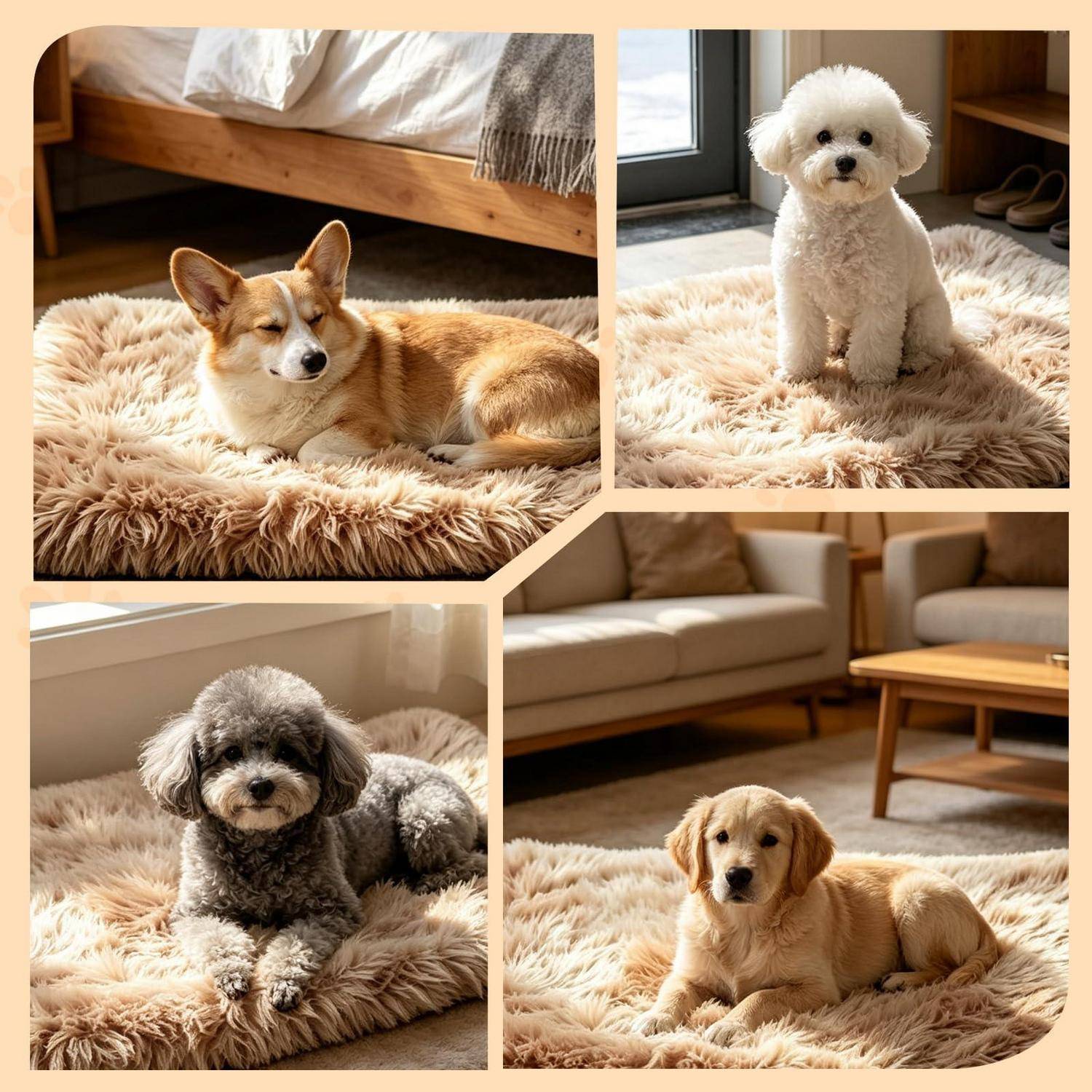 Collage aus vier Hunden, die auf flauschigen cremefarbenen Teppichen in einem gemütlichen Zuhause liegen oder sitzen: Corgi, weißer Pudel, grauer Pudelmischling und Goldenretriever-Welpe.