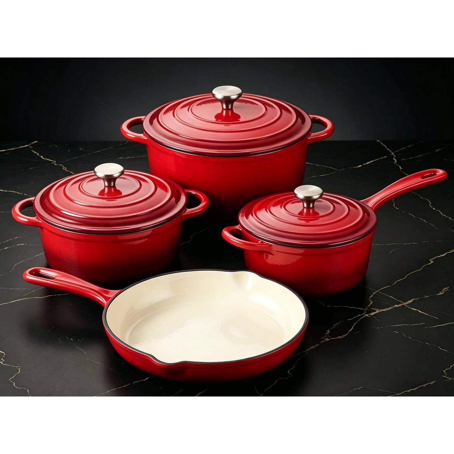 QuliMetal Emaille Gusseisen Kochgeschirr Set 4-teilig Rot