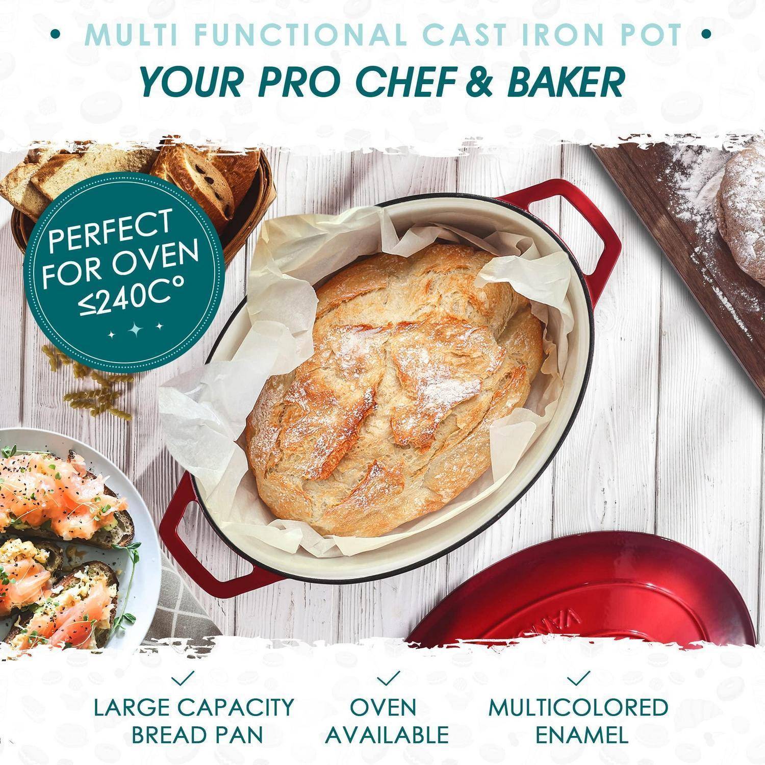 Werbebild eines roten emaillierten Gusseisentopfes mit Brot, das darin backt; der Text sagt „MULTIFUNKTIONALER GUSSEISENTOPF", „DEIN PROFI-CHEF & BÄCKER"" und „PERFEKT FÜR OFEN ≤240°C"".