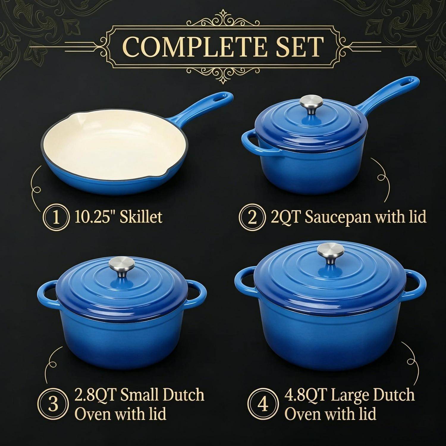 Produktset mit vier blauem emaillierten Kochgeschirr: 26 cm Bratpfanne, 2-Liter-Saucenpan mit Deckel, 2,8-Liter-kleine Cocotte mit Deckel und 4,8-Liter-große Cocotte mit Deckel.