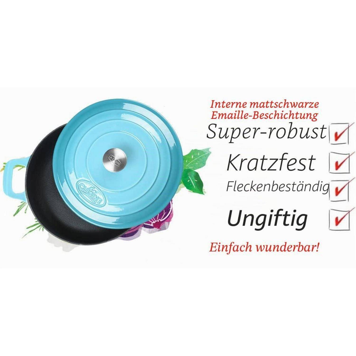 Promotional-Bild von türkisem und schwarzem Kochgeschirr mit deutschem Text, das „Super-robust", kratzfest, fleckenfest und ungiftig hervorhebt, jeweils mit einem Häkchen gekennzeichnet.