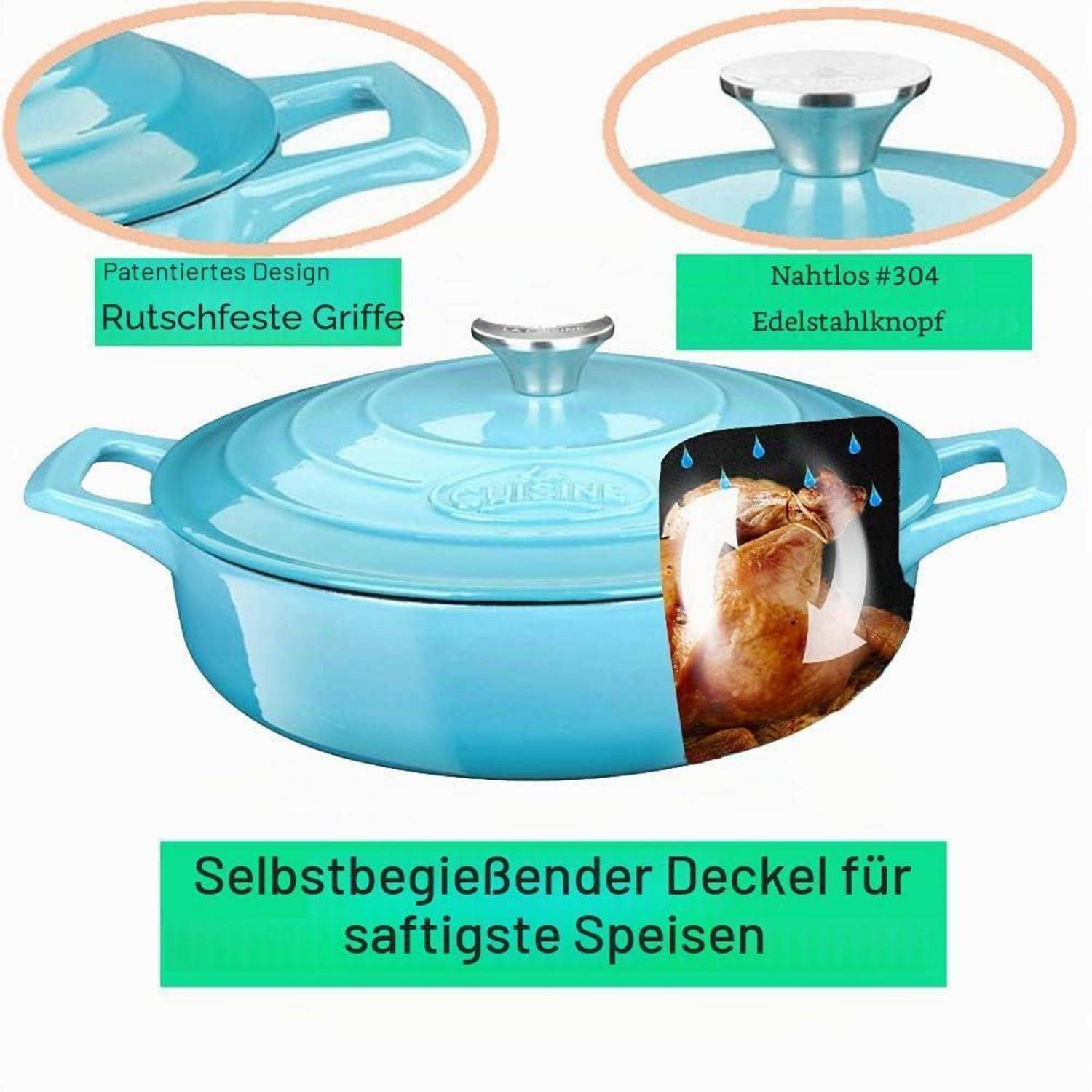 Blauer Topf mit Deckel und ergonomischen Griffen sowie Edelstahlknauf, gekennzeichnet als Selbstbastender Deckel für saftiges Essen und rutschfestem Griff.