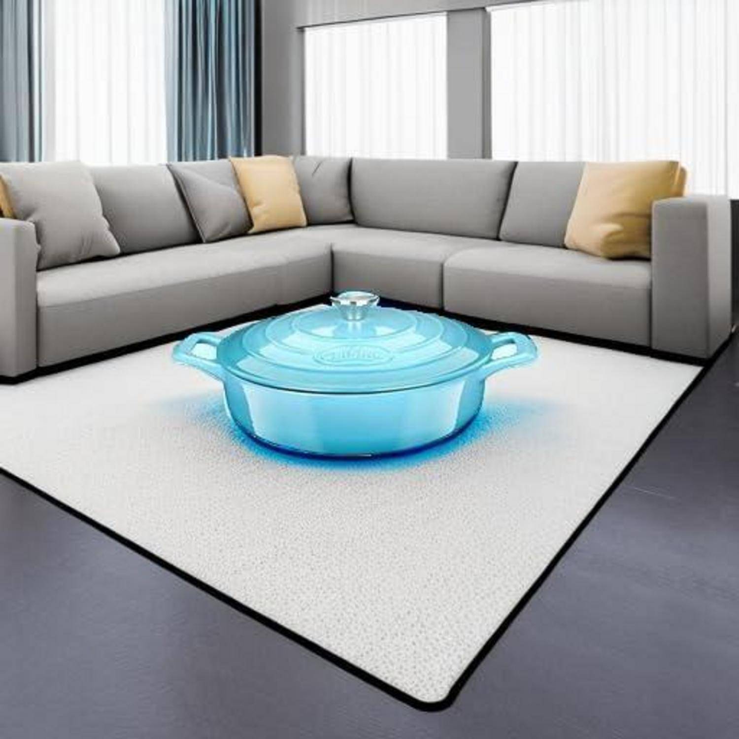 Modernes Wohnzimmer mit einem grauen Ecksofa und hellem Teppich, zentriert um einen durchsichtigen blauen Beistelltisch in Form eines Dutch Ovens, der Dekor- und Kochgeschirrmotive miteinander verbindet.