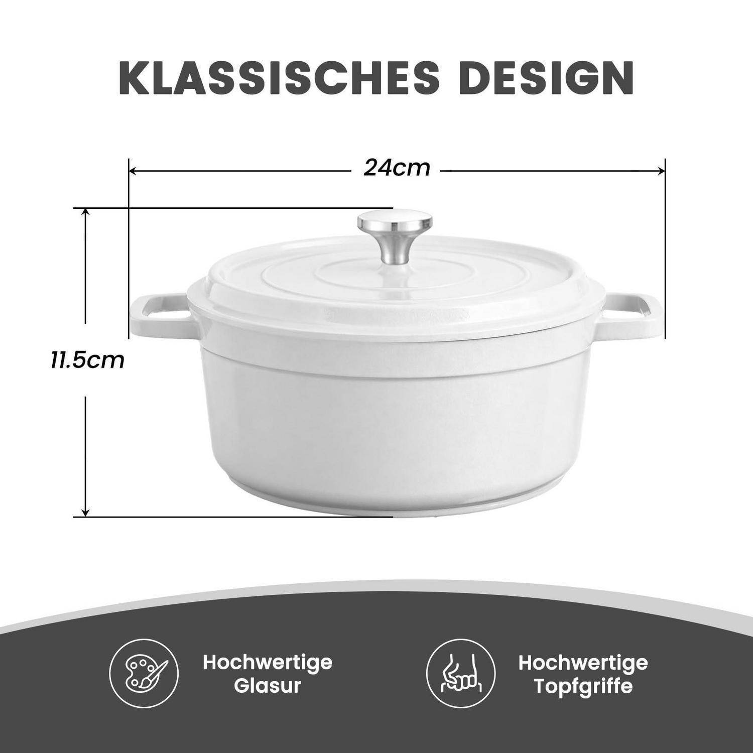 Weißer Bräter mit Deckel mit der Bezeichnung „klassisches design", gezeigt mit Maßen von 24 cm Breite und 11,5 cm Höhe, plus Symbole für hochwertige Glasur und Griffe.