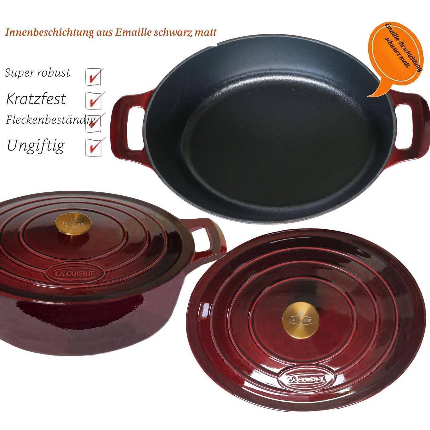 Produktbild eines rot emaillierten Gusseisen-Topfes mit Deckel und schwarzem Emailleinneren, gekennzeichnet auf Deutsch als super robust, kratzerresistent, fleckenresistent und ungiftig.