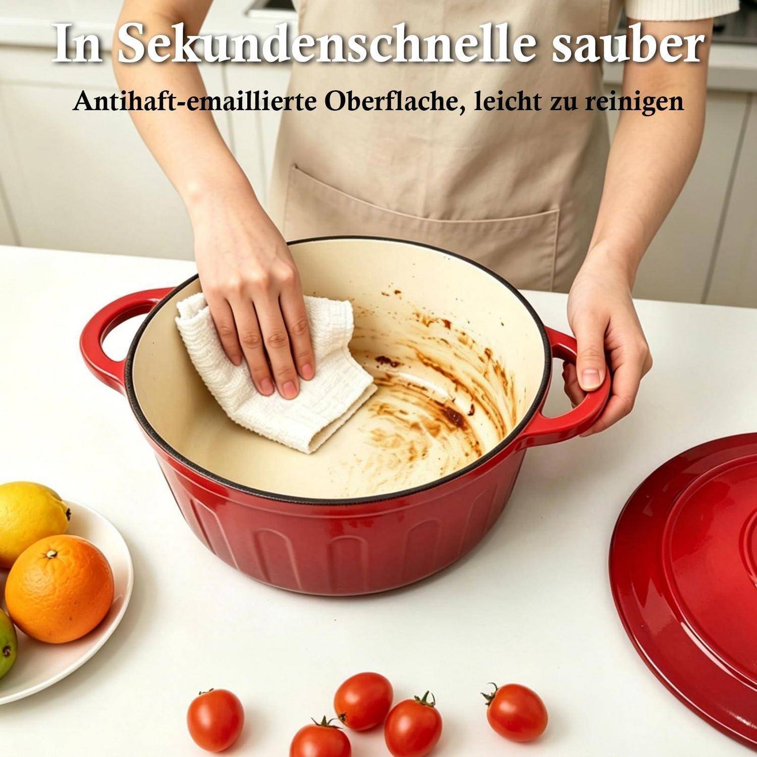 Person wischt einen schmutzigen rot emaillierten Topf mit einem Tuch sauber; deutscher Text sagt „In Sekundenschnelle sauber" und „Antihaft-emaillierte Oberfläche, leicht zu reinigen"".