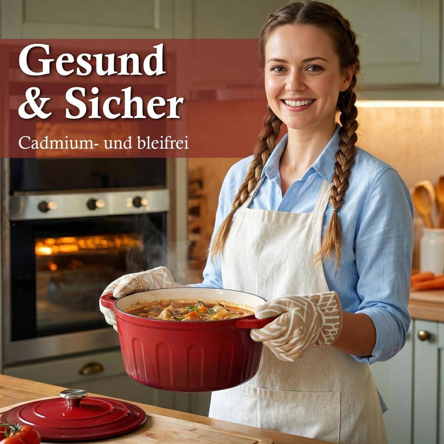 Lächelnde Frau in einer Küche, die eine rote Auflaufform hält; deutscher Text liest sich wie folgt: „Gesund & Sicher" und „Cadmium- und bleifrei"".