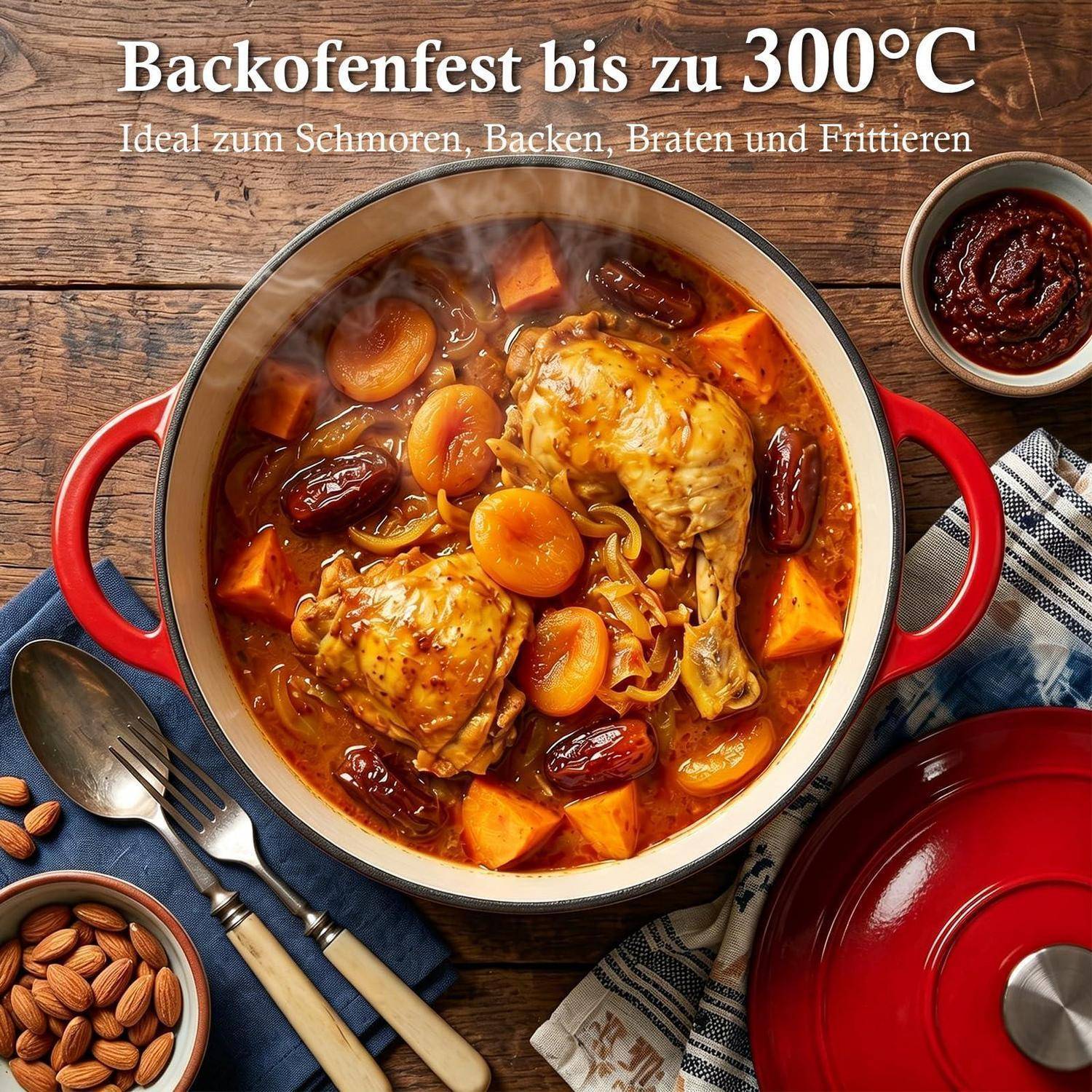 Draufsicht auf einen roten Dutch Oven mit Hähnchen und Gemüse; Text lautet „Backofenfest bis zu 300°C" und „Ideal zum Schmoren, Backen, Braten und Frittieren"".