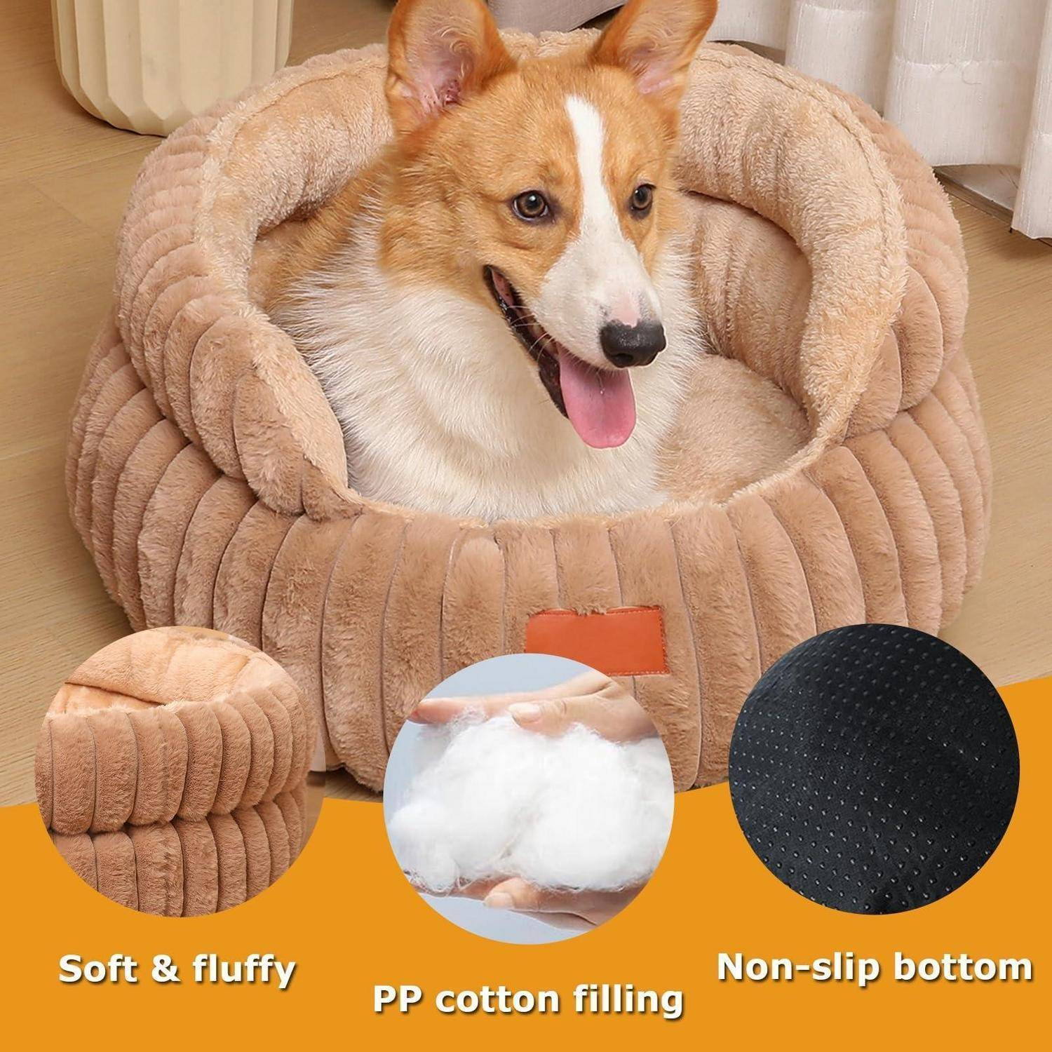 Corgi, der in einem plüschigen beigen Haustierbett ruht, mit eingefügten Bildern, die das weiches flauschiges Material, die PP-Baumwollfüllung und einen rutschfesten Boden zeigen.