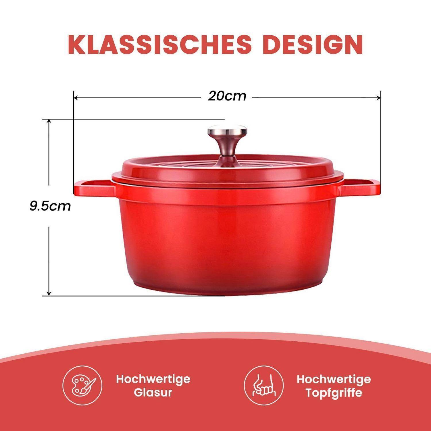 Emaille Brotbacktopf Schmortopf 2,75L Rot mit Deckel