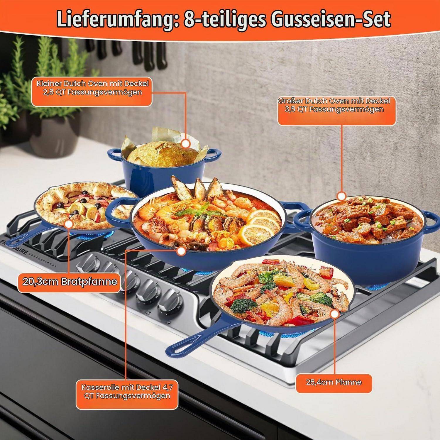 GFTIME Emaille Gusseisen Kochgeschirr Set 8-teilig Marineblau