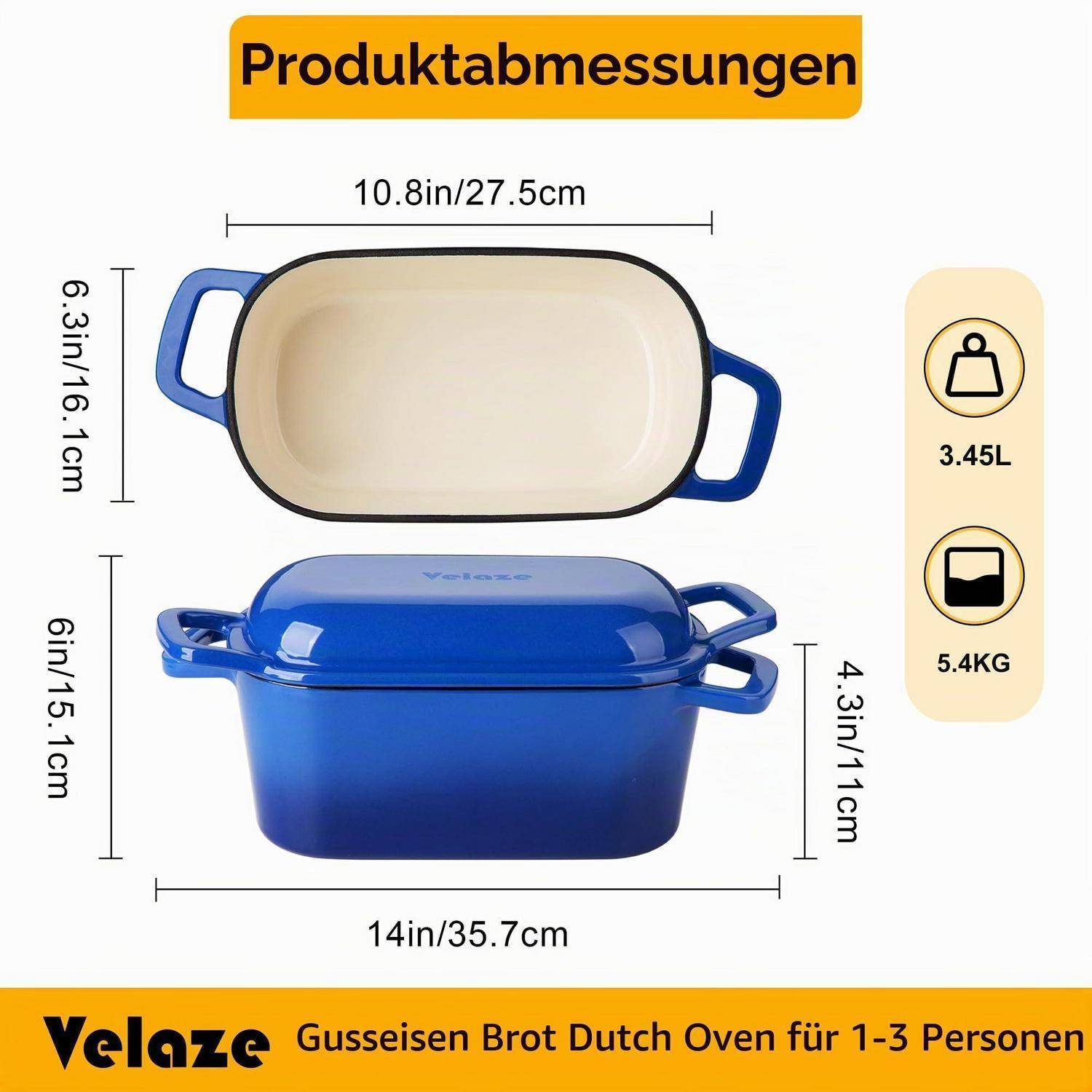 Velaze Gusseisen Bräter mit Deckel 28cm Induktion Schwarz Blau 6L
