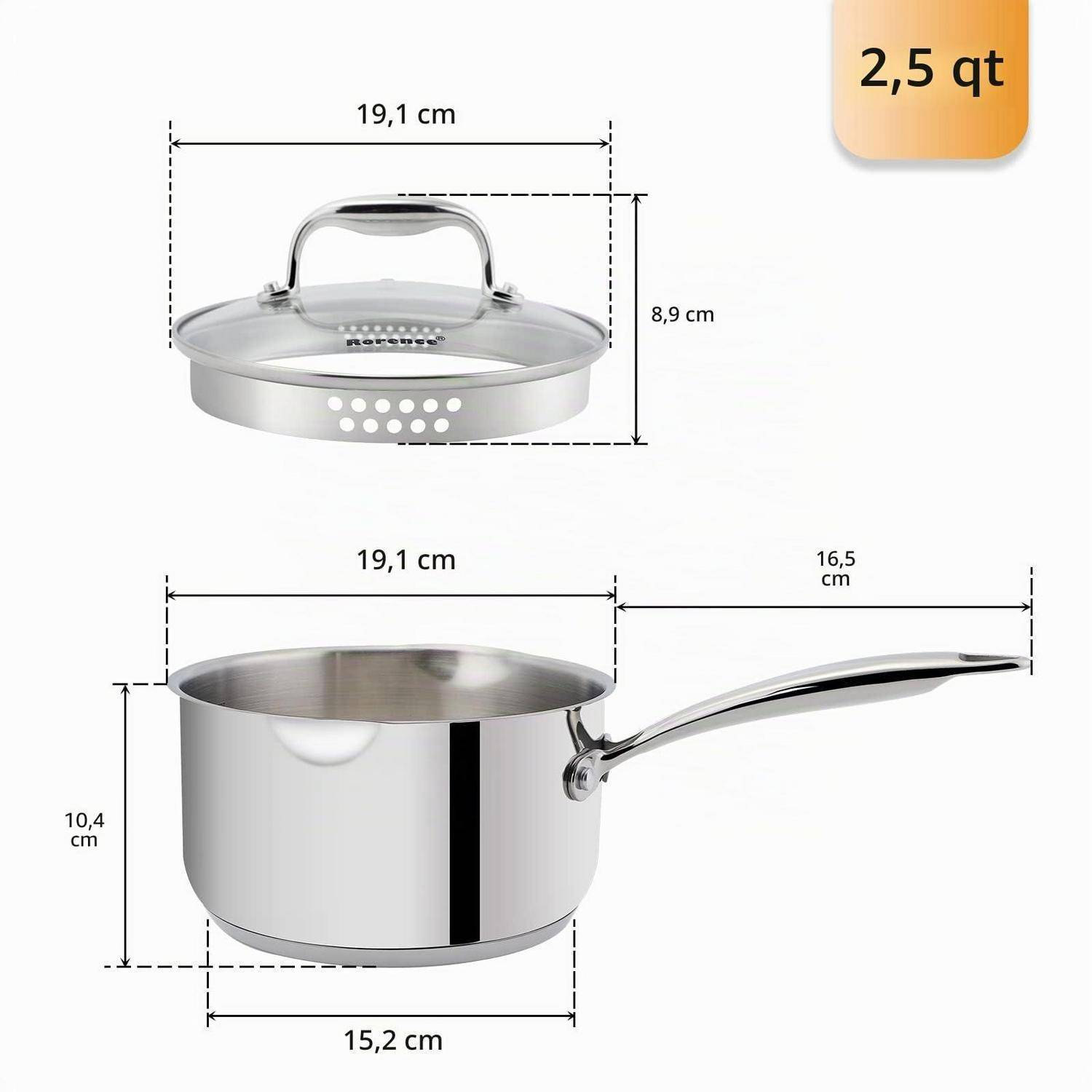 2,5 qt Edelstahl-Kochtopf und passendes Glasdeckel mit Abmessungen: Topf 19,1 cm breit, 10,4 cm hoch; Deckel 19,1 cm breit, 8,9 cm hoch.