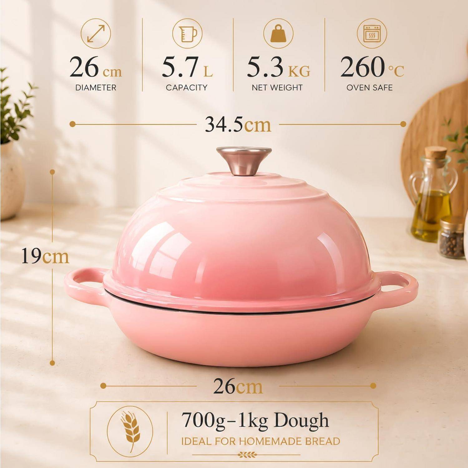 Rosafarbener kuppelförmiger Brotbackofen mit Deckel und Griffen; gekennzeichnet mit 26 cm Durchmesser, 5,7 L Fassungsvermögen, 5,3 kg, ofenfest bis 260°C, für 700 g–1 kg Teig.