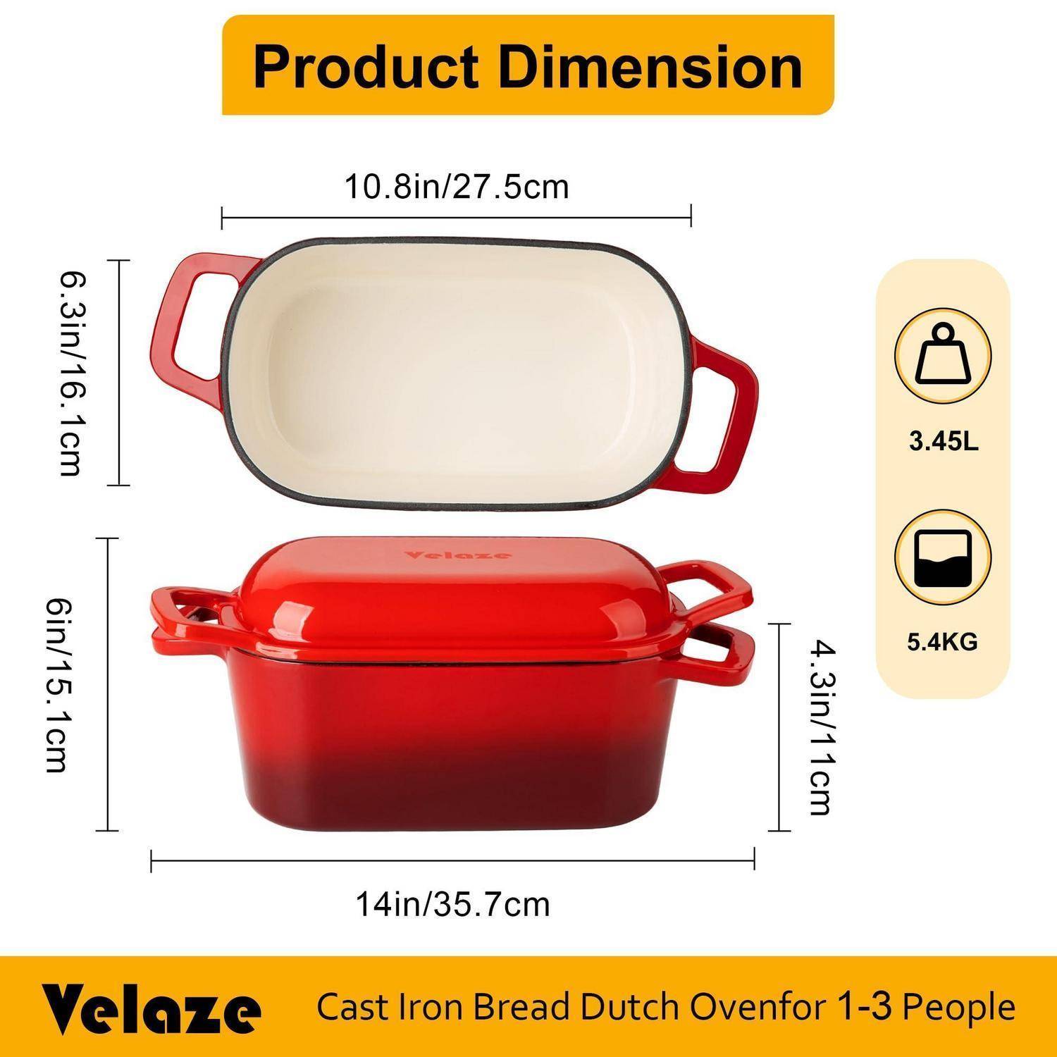 Produktdimensionsdiagramm für einen gusseisernen Brotbräter von Velaze, das Draufsicht und Seitenansicht mit Abmessungen zeigt: 10,8 Zoll x 6,3 Zoll x 6 Zoll, 14 Zoll breit, 3,45 L Fassungsvermögen, 5,4 kg.