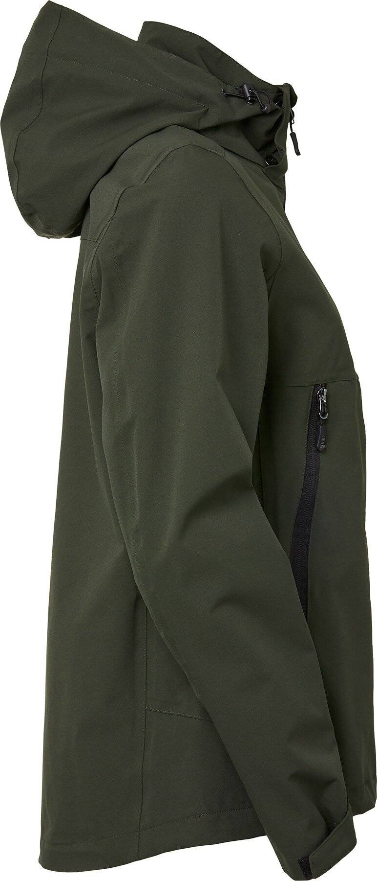 Dunkelgrüne Jacke mit Kapuze in Seitenansicht, mit Frontreißverschluss und Reißverschlusstasche am Ärmel.