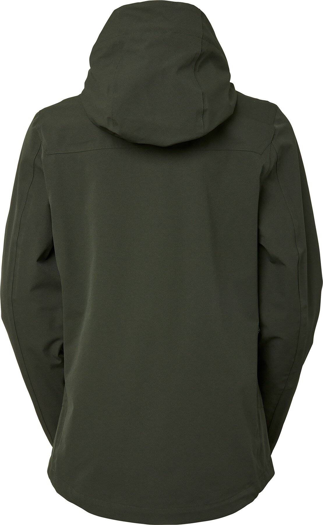 Dunkelgrüne Kapuzenjacke von hinten auf einfachem weißem Hintergrund gezeigt.